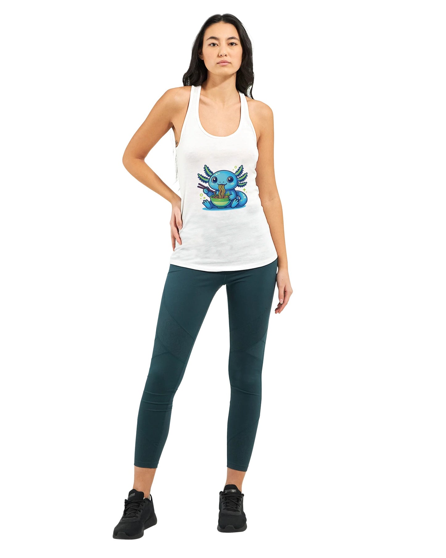 Axolotl Eating Ramen Women’s Racerback Tank – Kawaii Noodle Lover Graphic Top - F4 Custom Prints