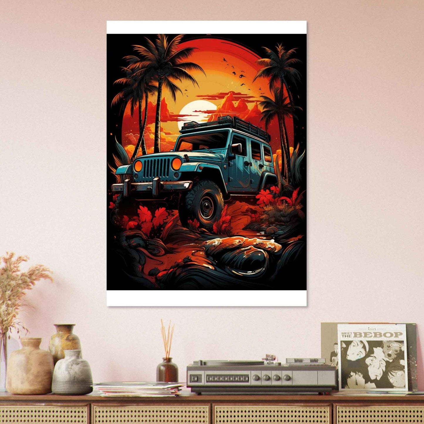 Jeep Sunset Safari Poster – Vibrant Tropical Off-Road Wall Art (Multiple Sizes Available)