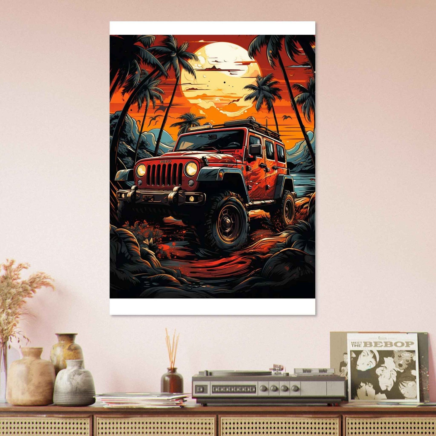 "Tropical Sunset Jeep" Poster – Vibrant Island Adventure Wall Art (Multiple Sizes Available)