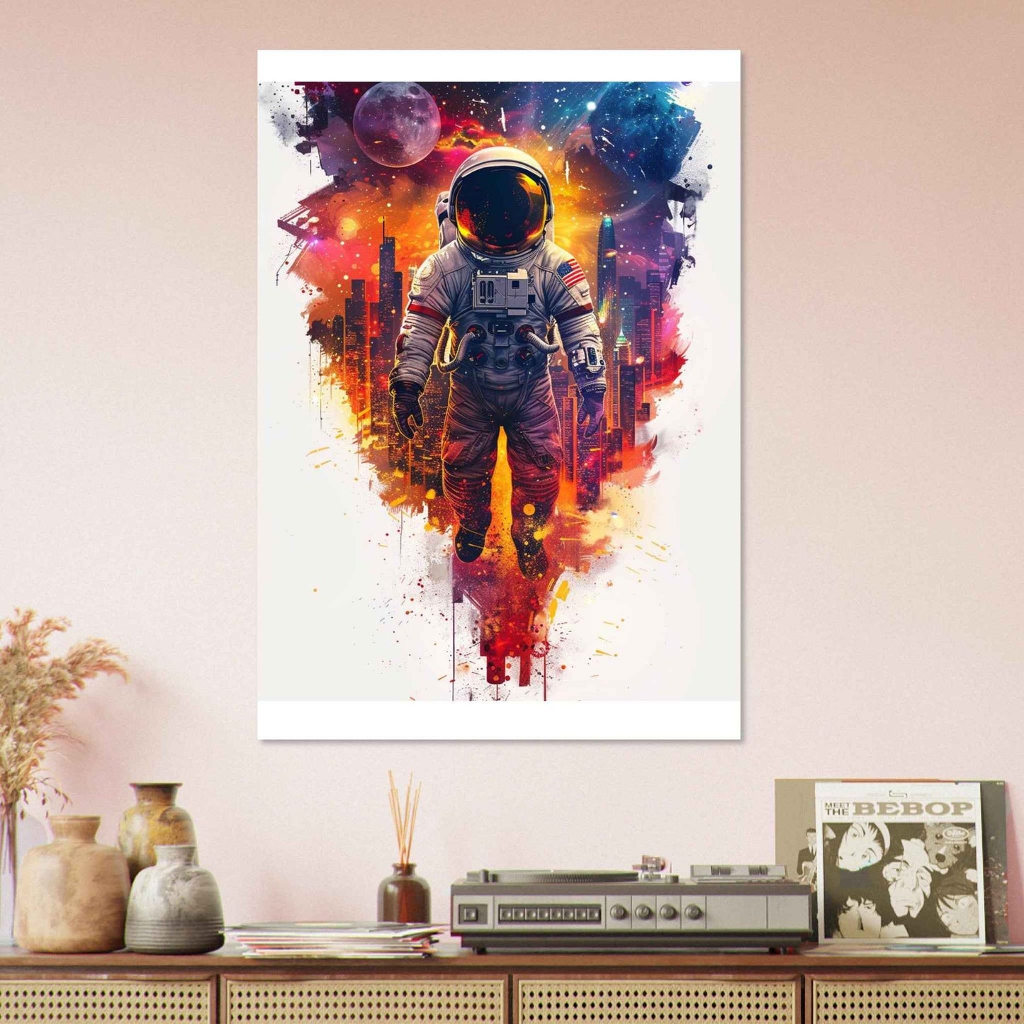 "Astronaut's Urban Odyssey" Poster – Vibrant Sci-Fi Cityscape Wall Art (Multiple Sizes Available)