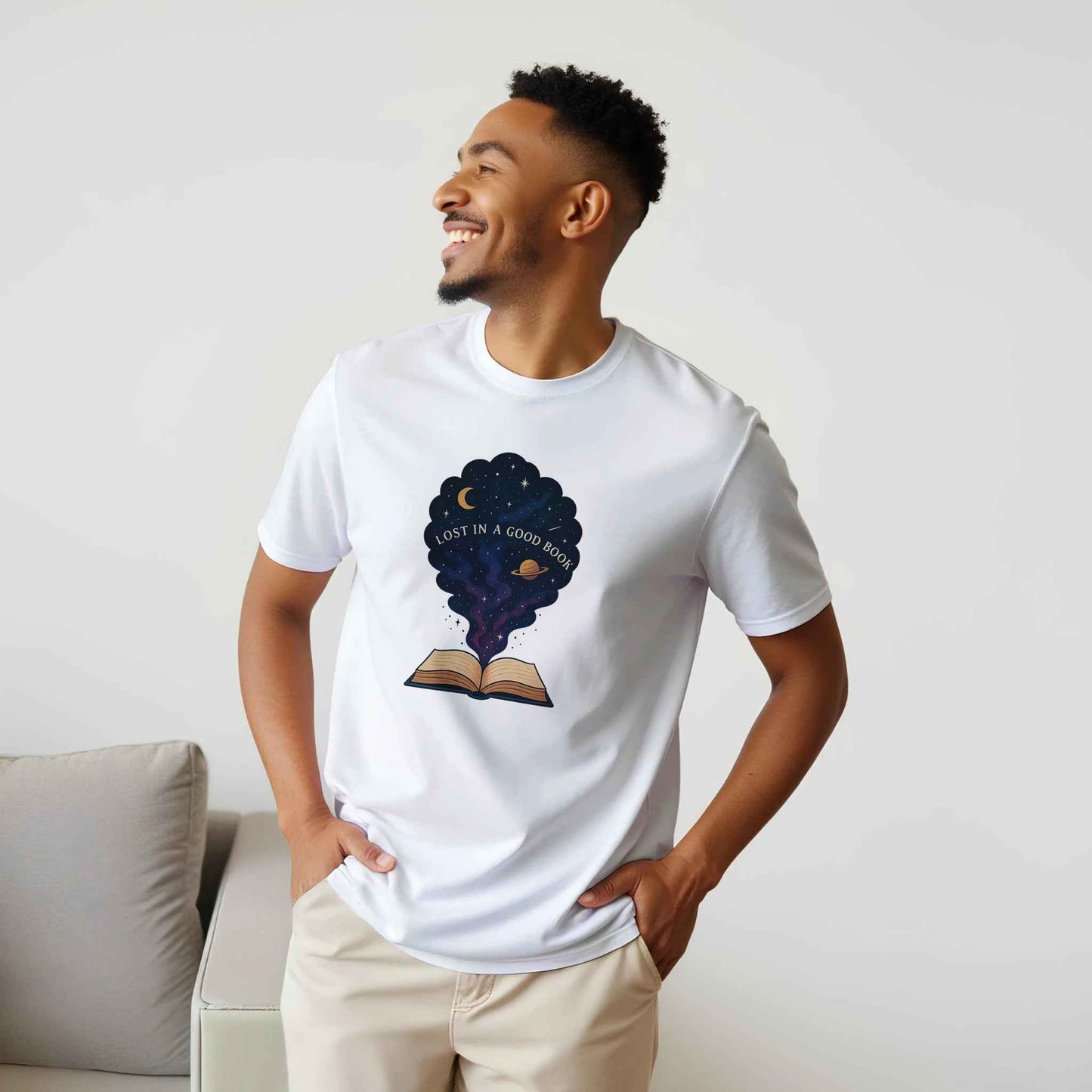 "Lost in a Good Book" Bookish T-Shirt – Celestial Reader Design in Your Choice of Seven Hues