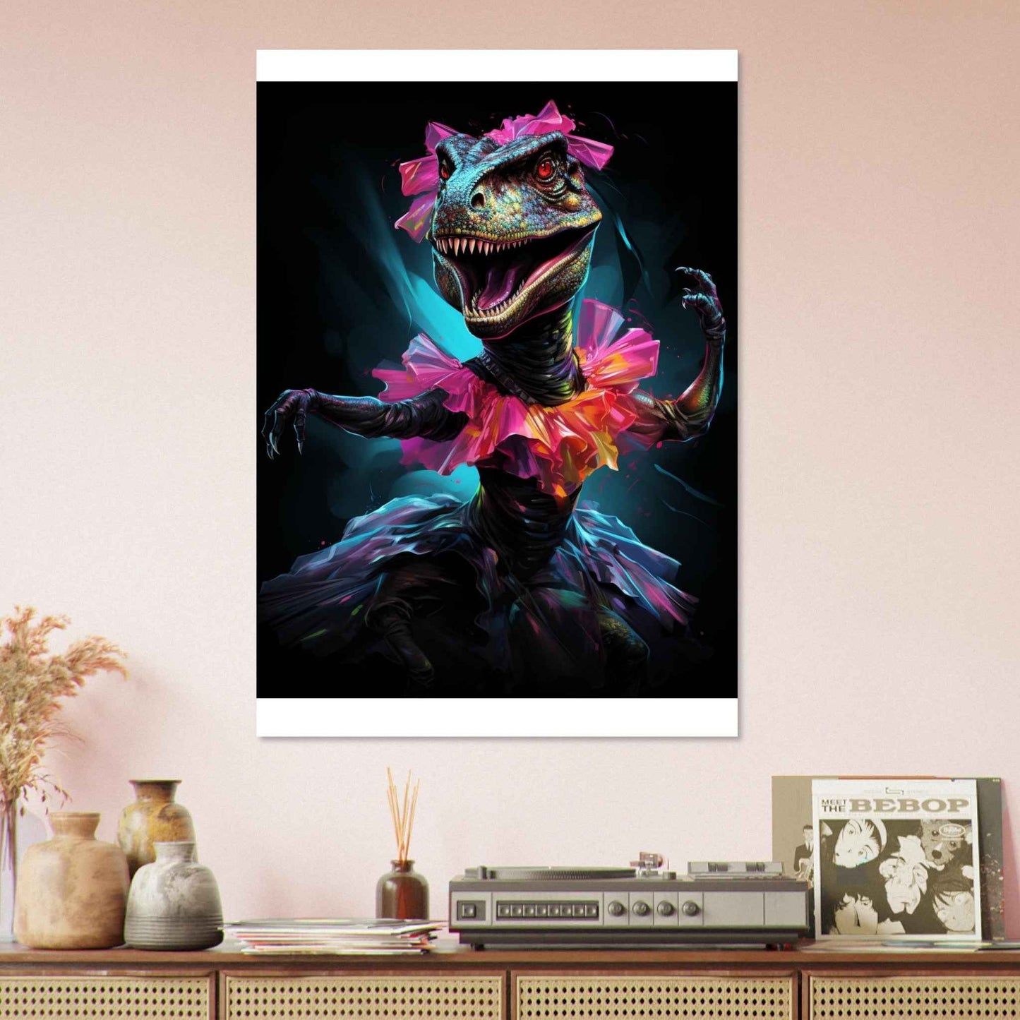 "Prima Dino-Ballerina" Poster – Whimsical Neon Dinosaur Wall Art (Multiple Sizes Available)