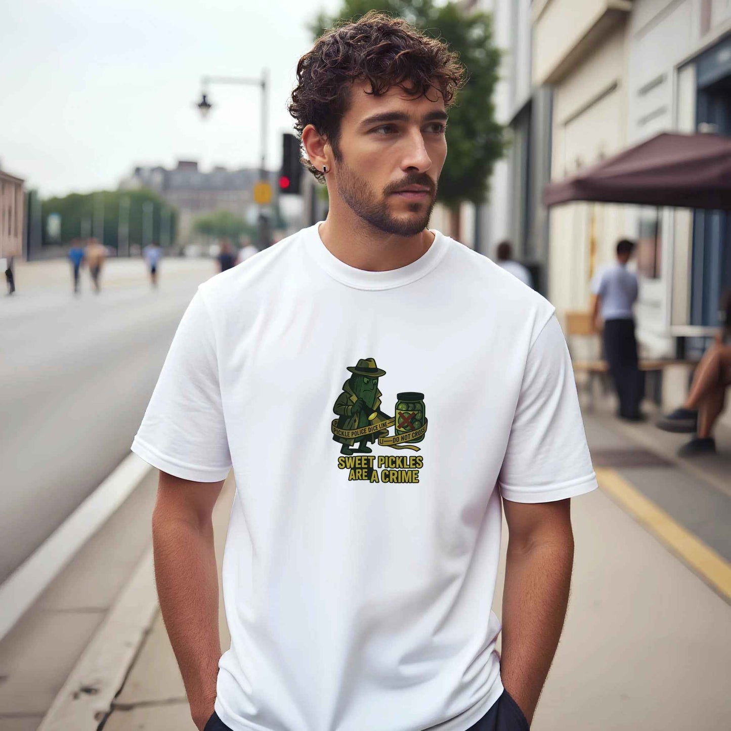 ‘Sweet Pickles Are A Crime’ Pickle T-Shirt – Detective-Style Brine Sleuth Graphic