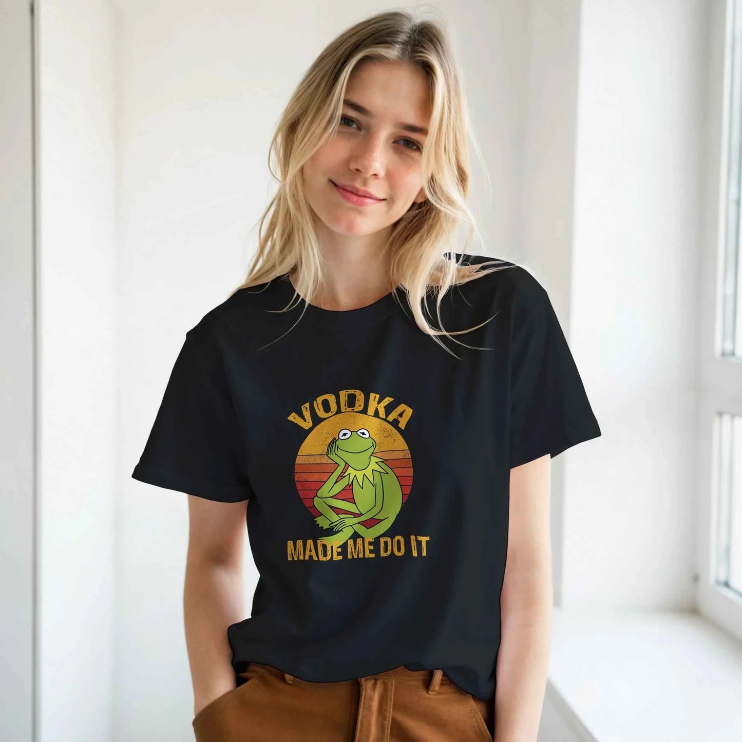 Vodka Made Me Do It Kermit Tee - Humorous Retro Sunset Graphic Shirt in Your Choice of Nine Colors