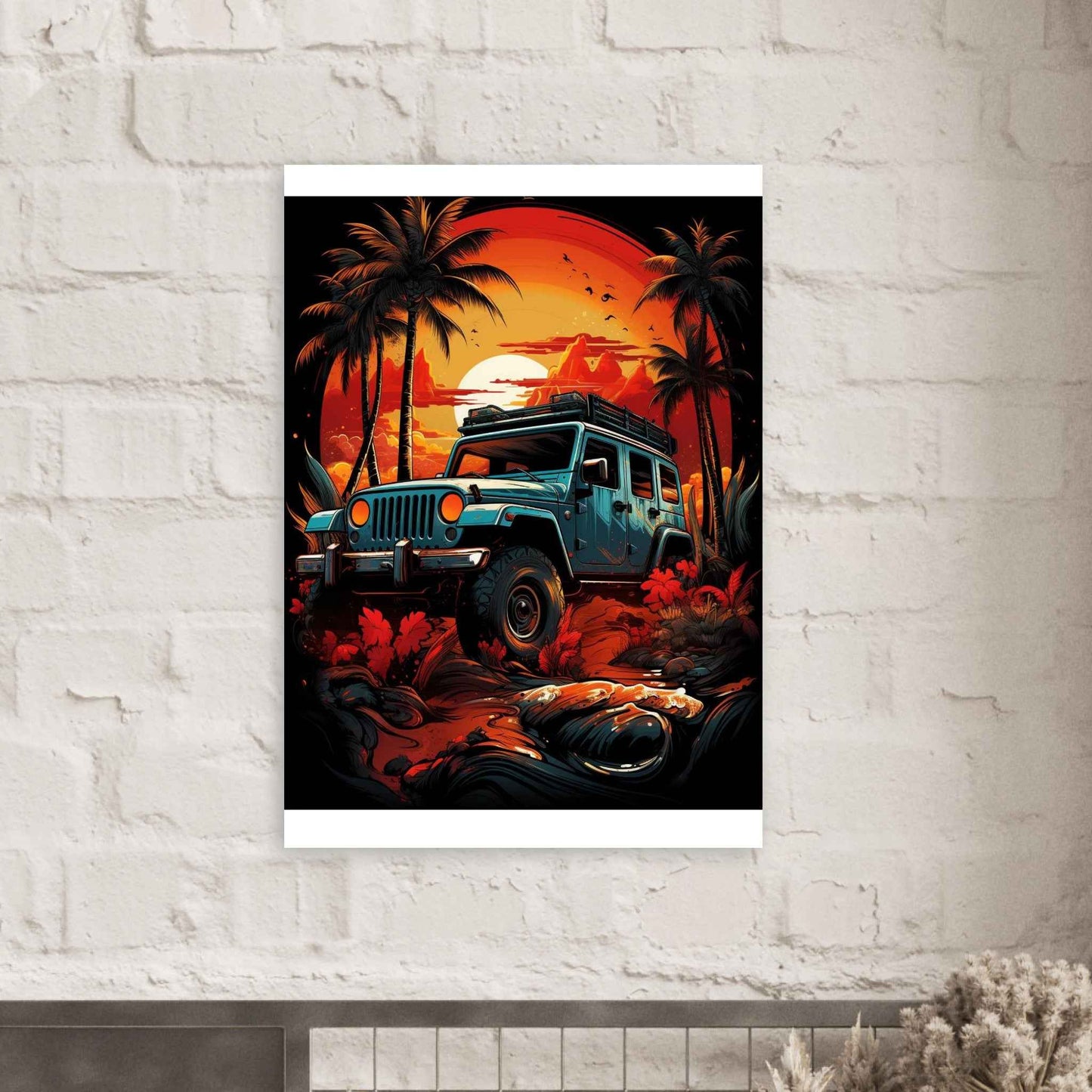 Jeep Sunset Safari Poster – Vibrant Tropical Off-Road Wall Art (Multiple Sizes Available)
