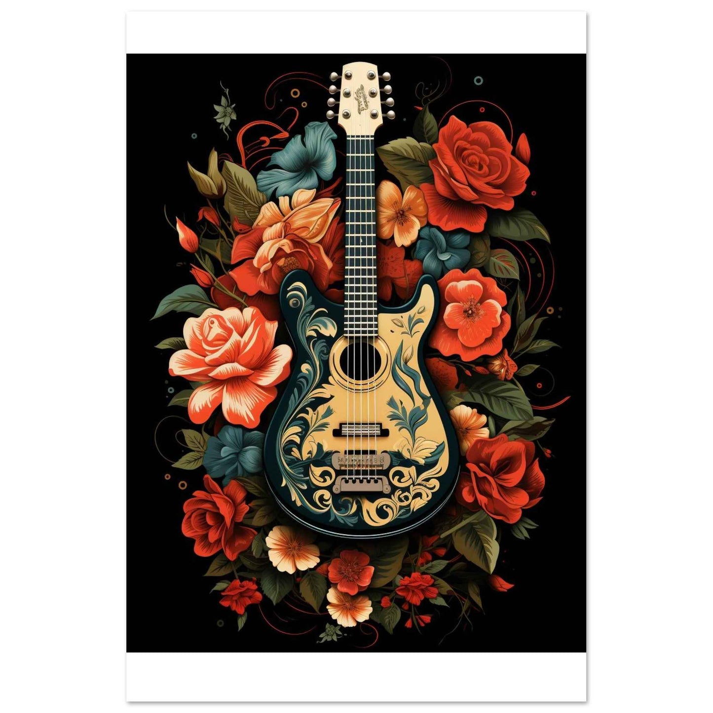 Floral Guitar Serenade Poster – Bohemian Botanical Wall Art (Multiple Sizes Available)