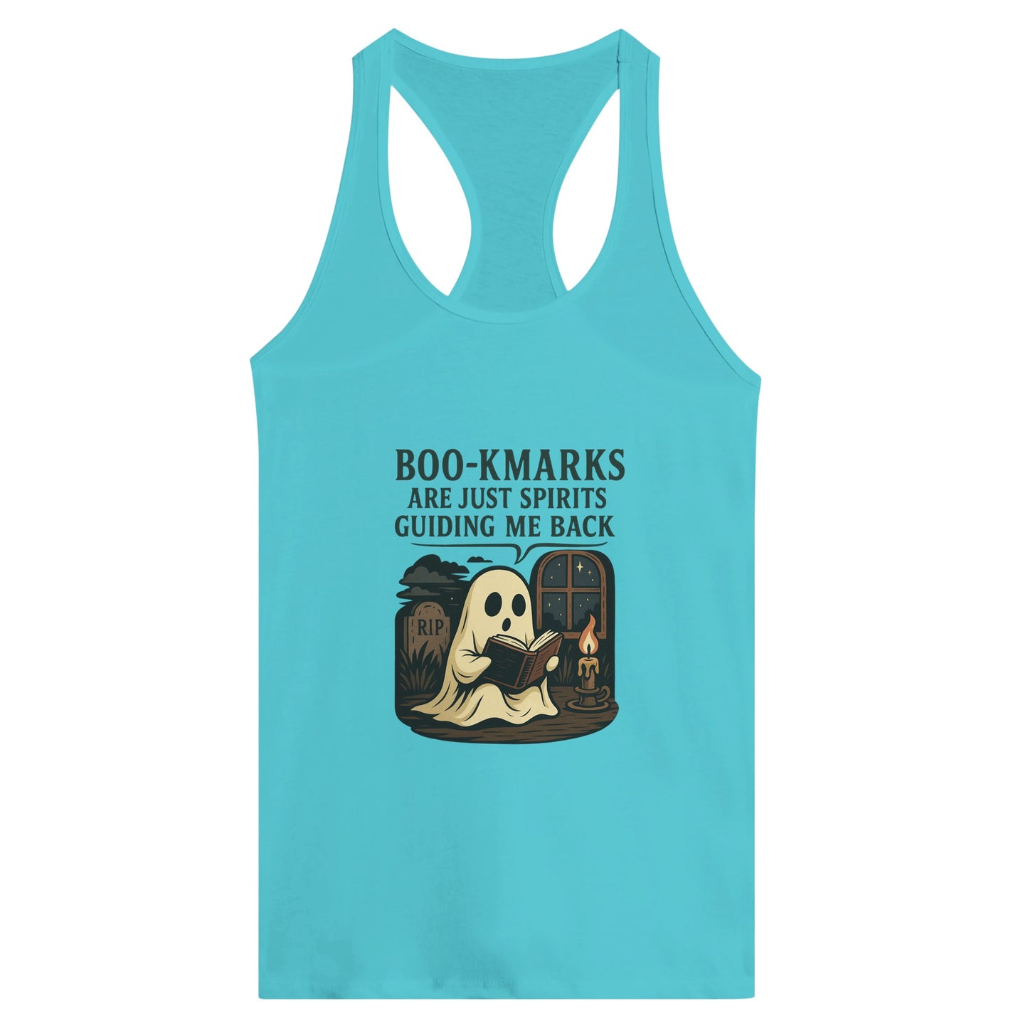 Boo-Kmarks Women’s Racerback Tank – Ghost Book Lover Tee with Spooky Vibes - F4 Custom Prints