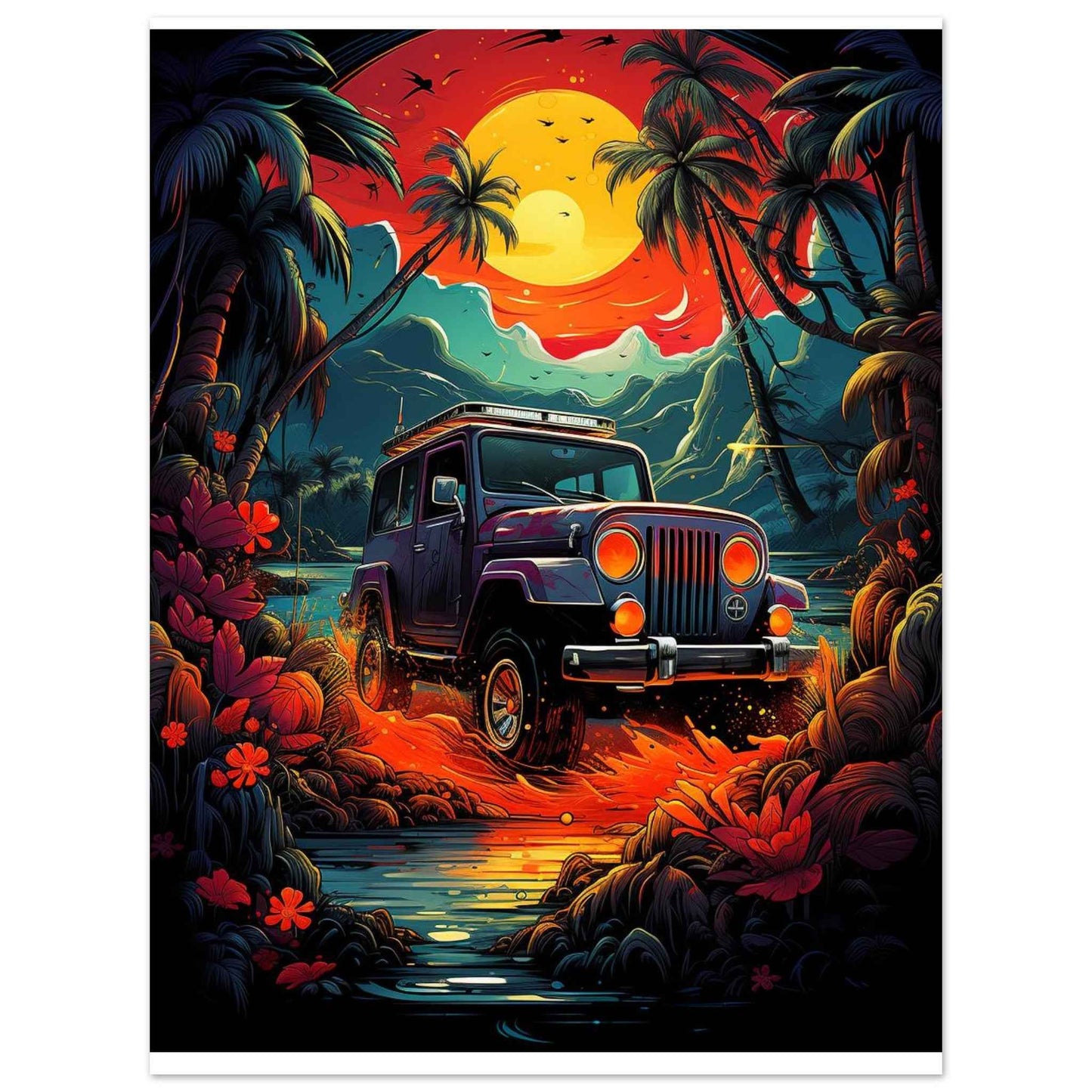 Jeep Adventure Sunset Poster – Tropical Off-Roading Wall Art (Multiple Sizes Available)