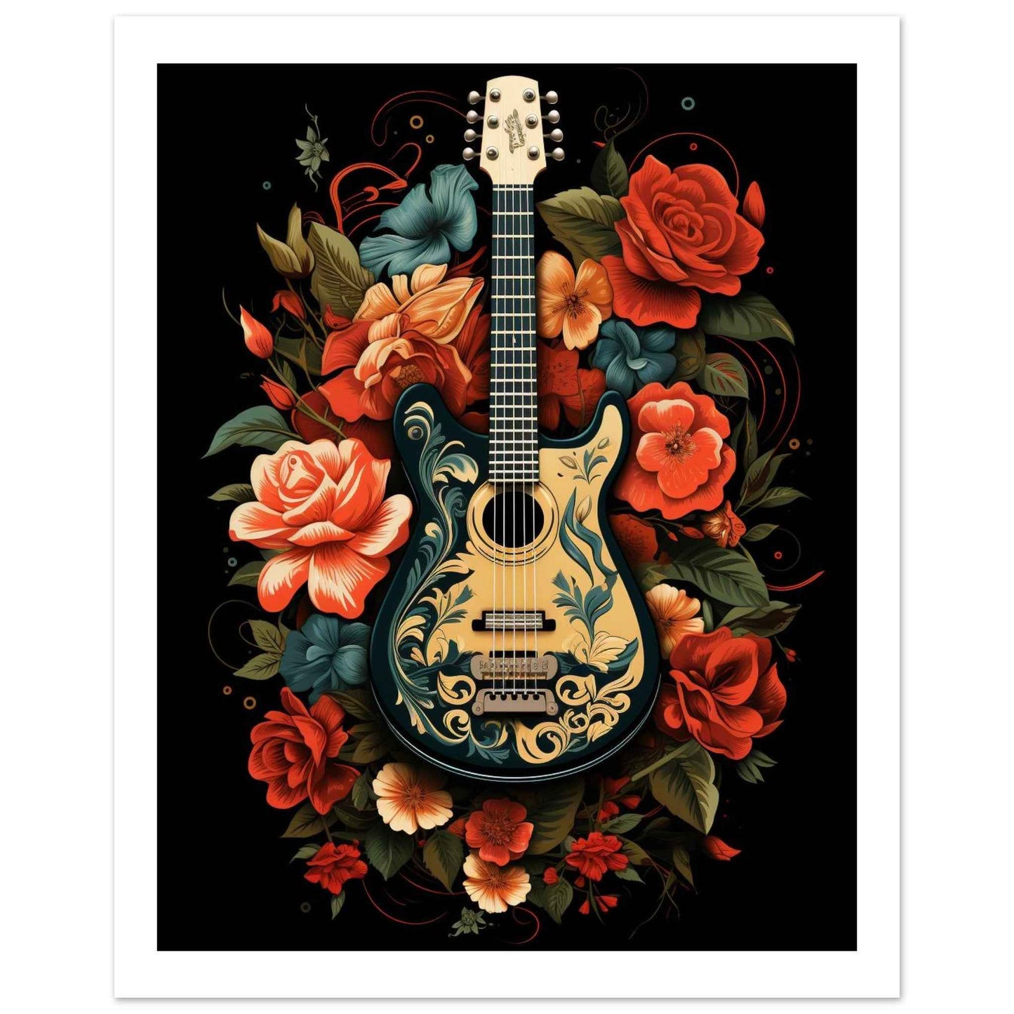 Floral Guitar Serenade Poster – Bohemian Botanical Wall Art (Multiple Sizes Available)