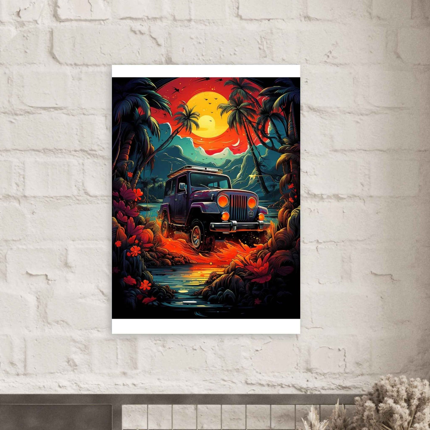 Jeep Adventure Sunset Poster – Tropical Off-Roading Wall Art (Multiple Sizes Available)