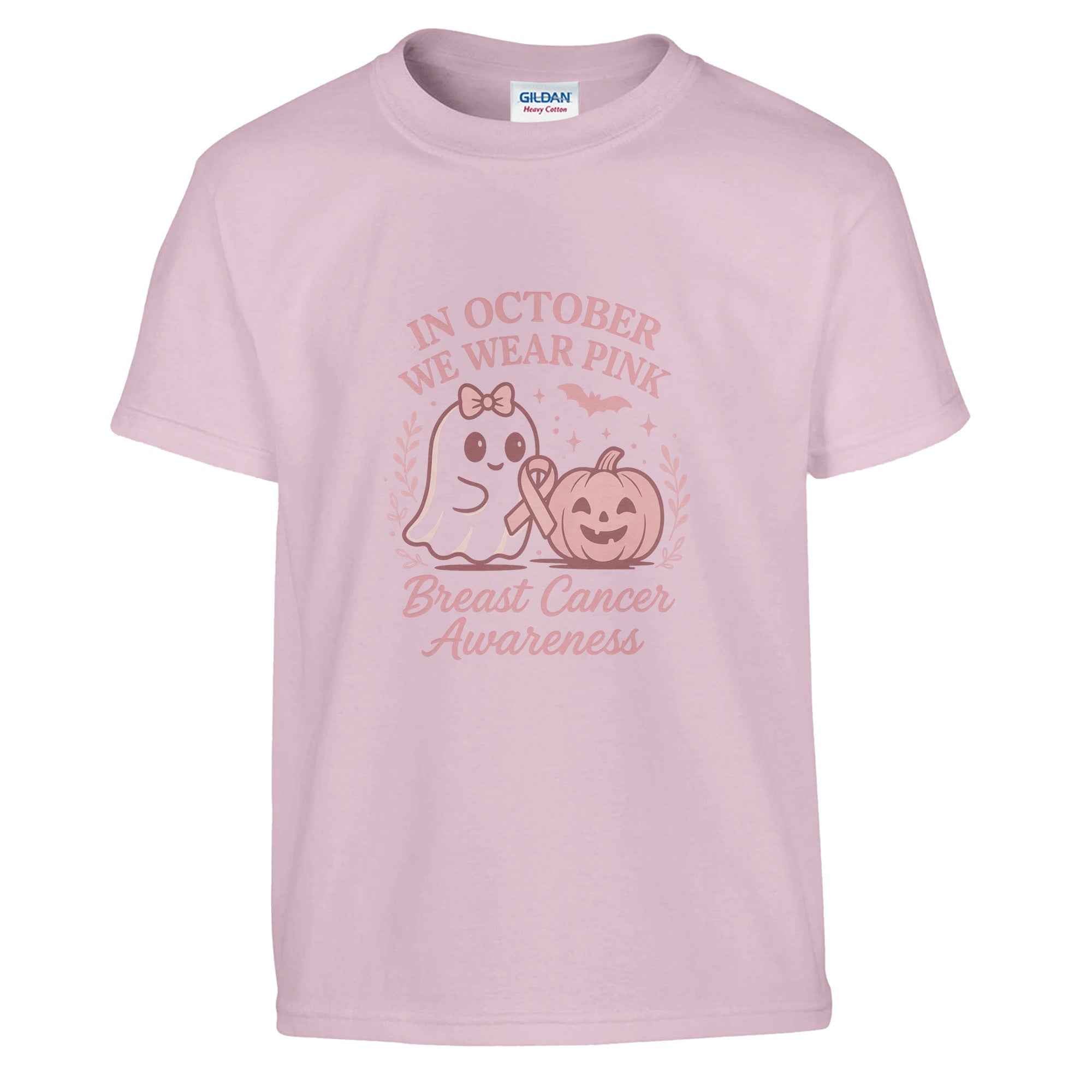 In October We Wear Pink Ghost & Pumpkin T-Shirt | Breast Cancer Awareness Halloween Tee | Cute Pink Support Shirt