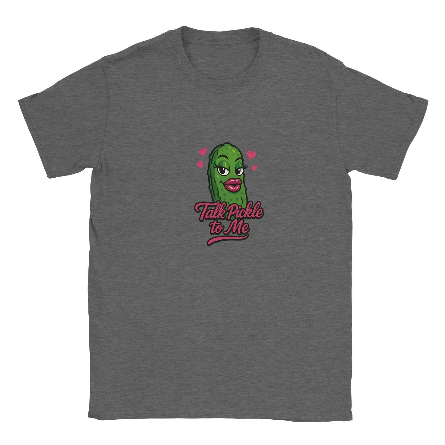 "Talk Pickle to Me" Flirty Pickle T-Shirt – Playful Pink Lips & Hearts Design