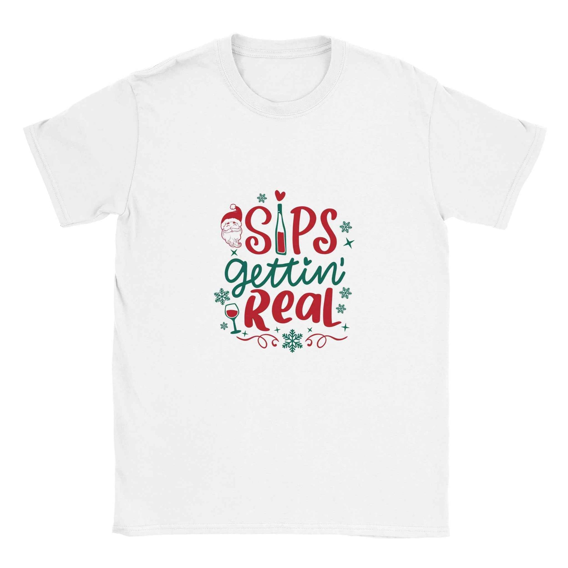 "Sips Gettin' Real" Christmas Shirt – Festive Holiday Graphic Tee with Santa & Wine Design