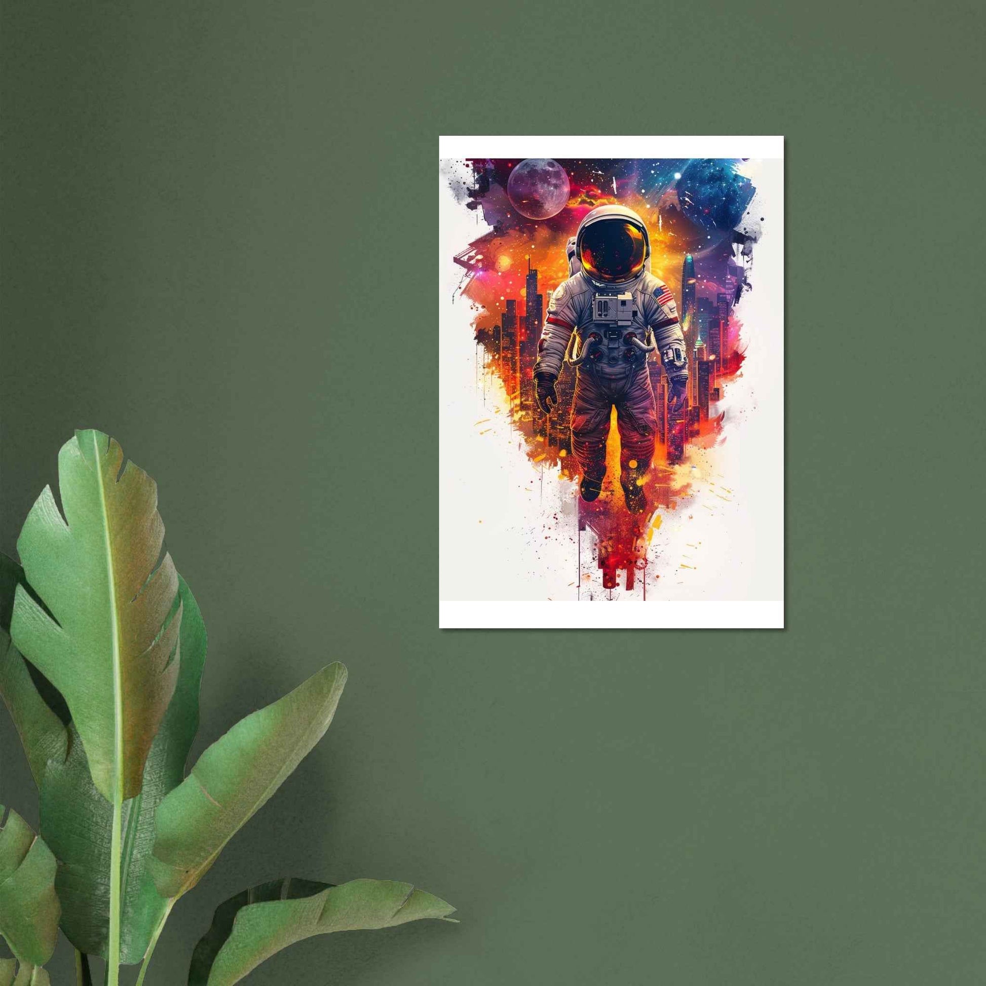 "Astronaut's Urban Odyssey" Poster – Vibrant Sci-Fi Cityscape Wall Art (Multiple Sizes Available)