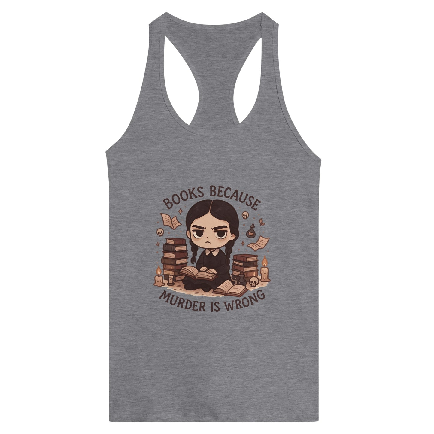 Bookish Goth Women’s Racerback Tank – “Books Because Murder Is Wrong” Dark Reader Tee - F4 Custom Prints