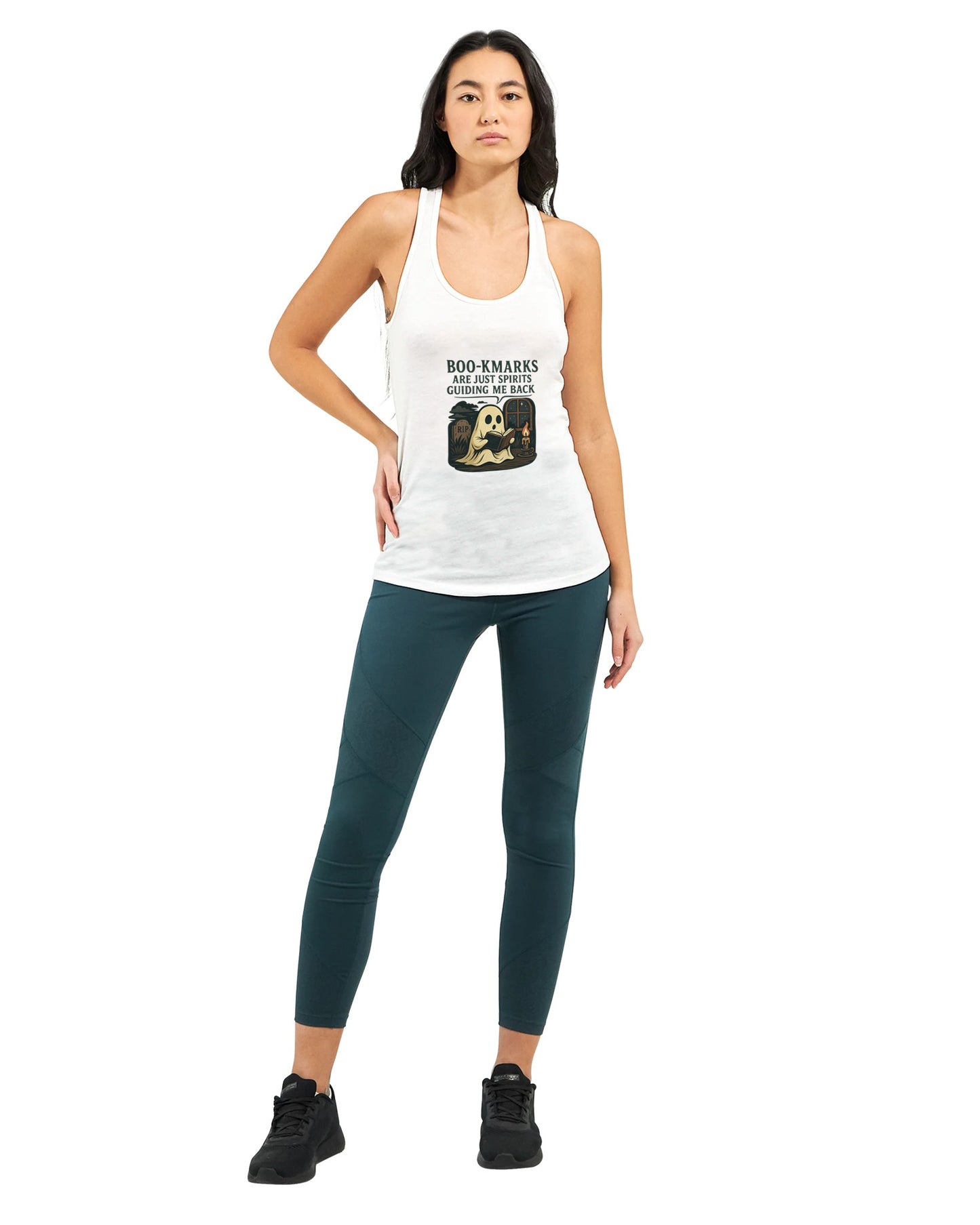 Boo-Kmarks Women’s Racerback Tank – Ghost Book Lover Tee with Spooky Vibes - F4 Custom Prints