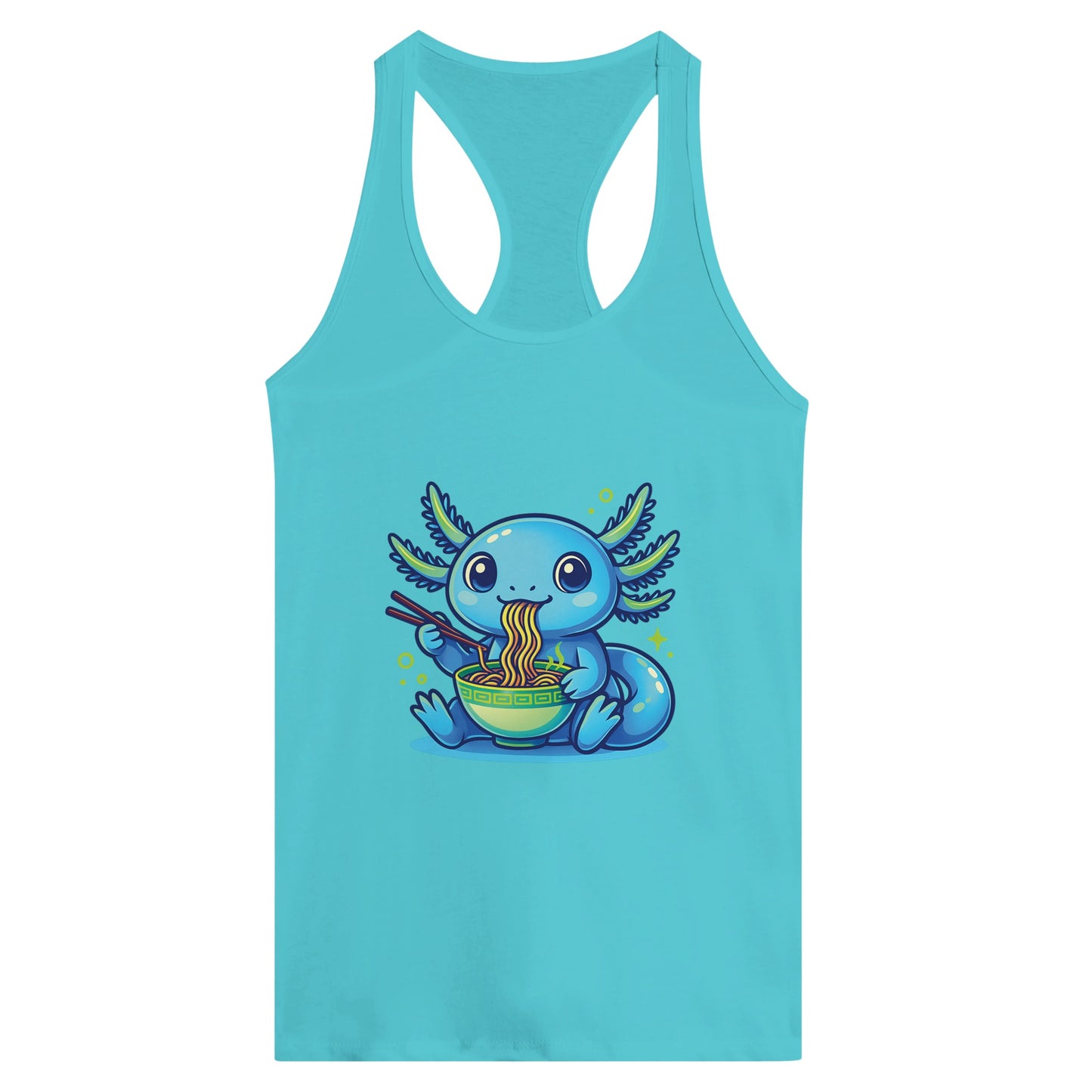 Axolotl Eating Ramen Women’s Racerback Tank – Kawaii Noodle Lover Graphic Top - F4 Custom Prints