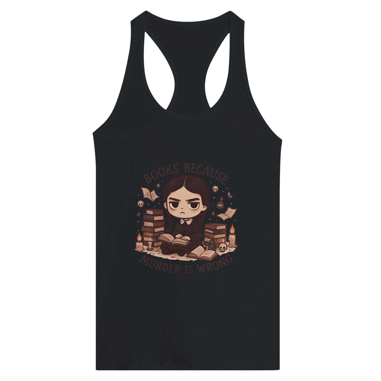 Bookish Goth Women’s Racerback Tank – “Books Because Murder Is Wrong” Dark Reader Tee - F4 Custom Prints