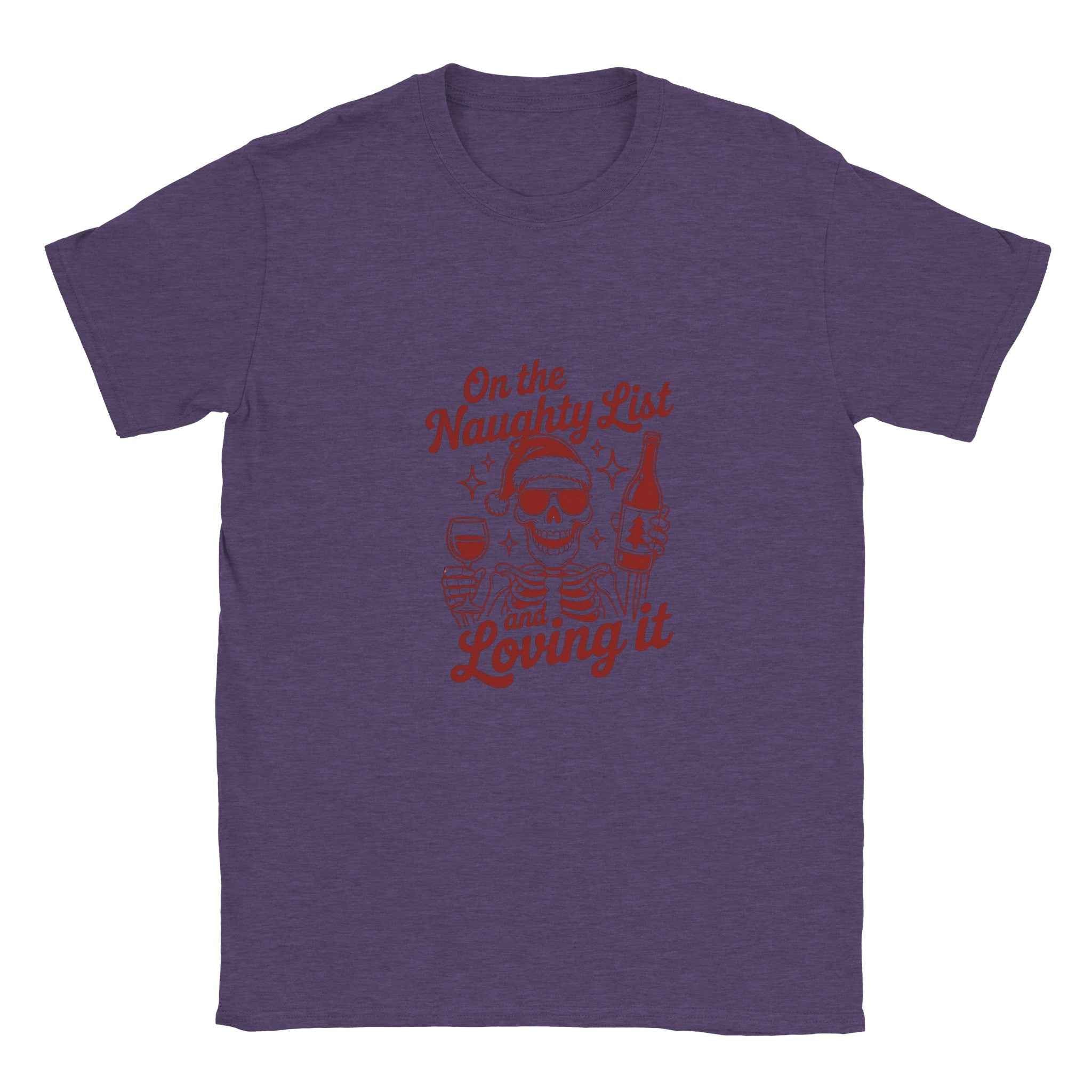 Naughty List & Loving It – Festive Holiday Graphic Tee for Skeleton & Wine Lovers