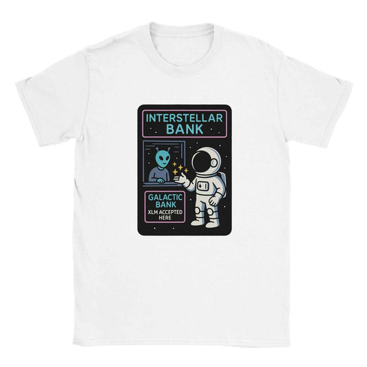 Stellar Lumens XLM T-Shirt – Galactic Bank Astronaut & Alien in your choice of eleven vibrant colors