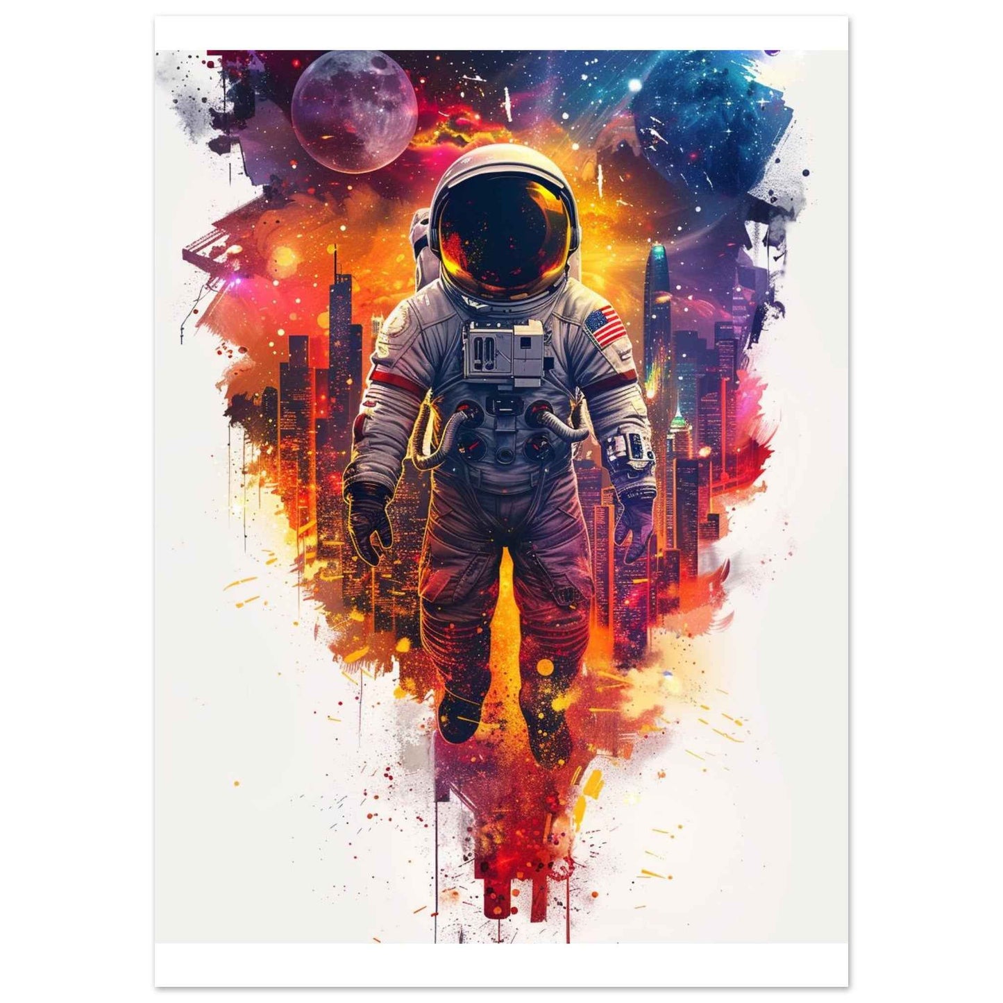 "Astronaut's Urban Odyssey" Poster – Vibrant Sci-Fi Cityscape Wall Art (Multiple Sizes Available)