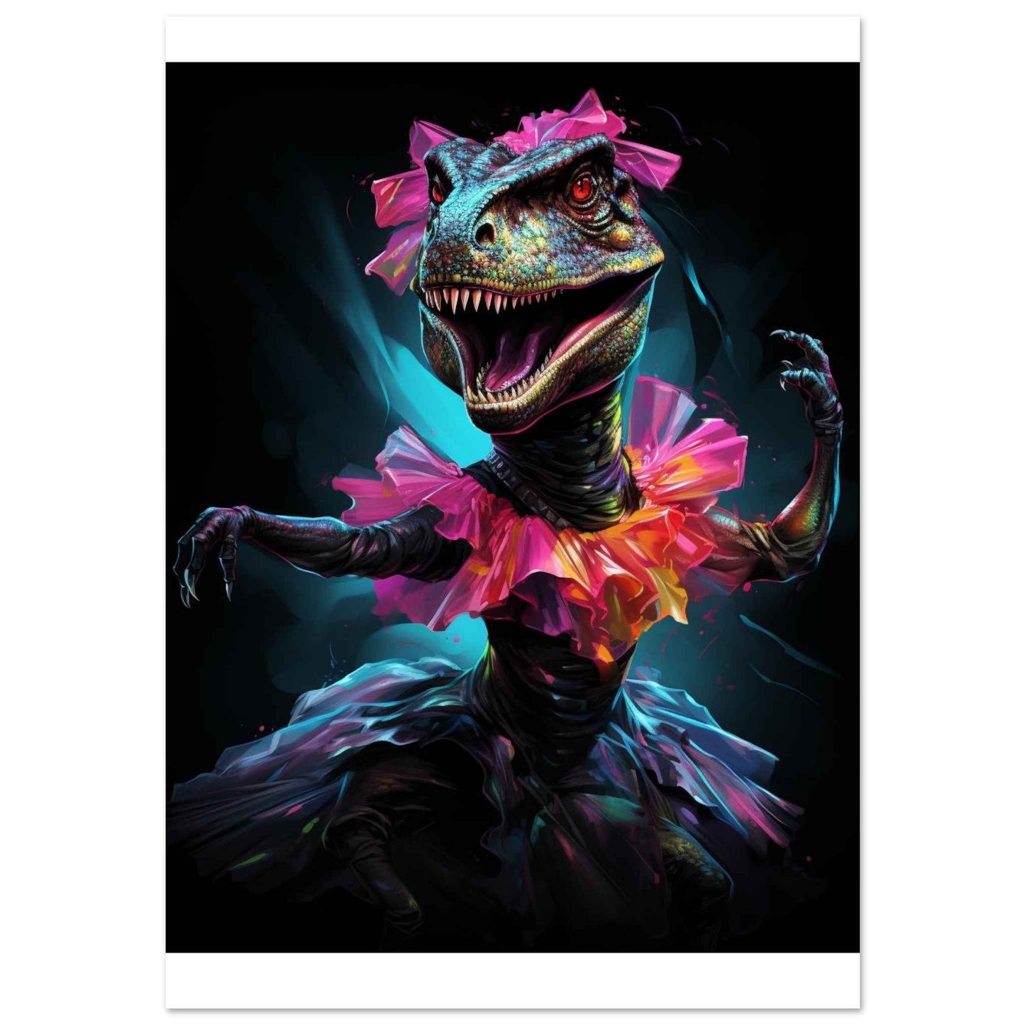 "Prima Dino-Ballerina" Poster – Whimsical Neon Dinosaur Wall Art (Multiple Sizes Available)