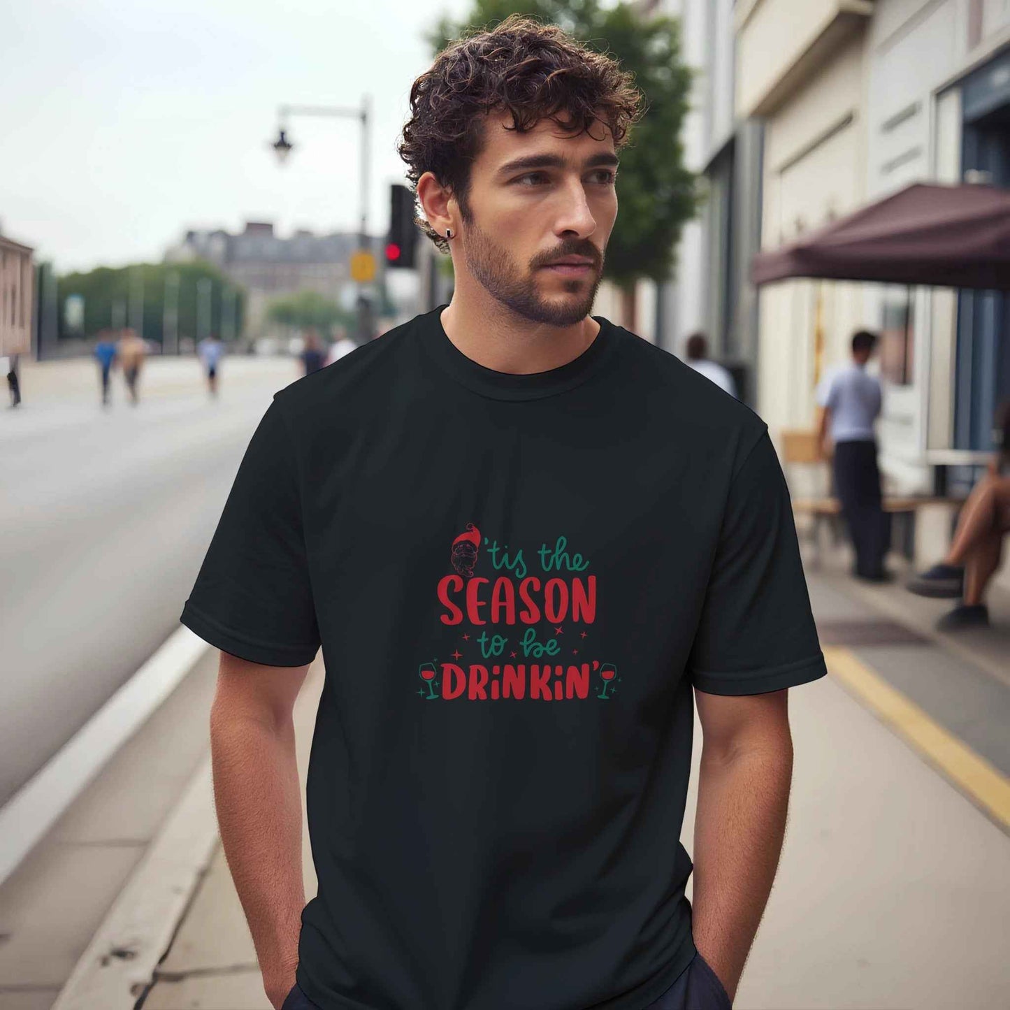 'Tis the Season to be Drinkin' – Funny Santa Holiday Graphic Tee in Your Choice of Festive Colors