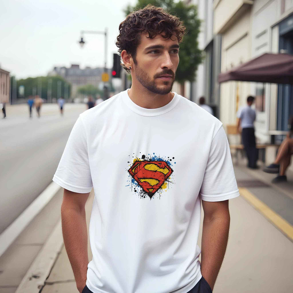 Superman Splatter Shield T-Shirt – Heroic Comic-Inspired Graphic Tee in Multiple Colors