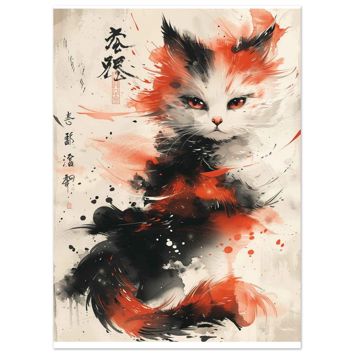 Fiery Feline Flair Poster – Dynamic Japanese Ink Wash Cat Wall Art (Multiple Sizes Available)