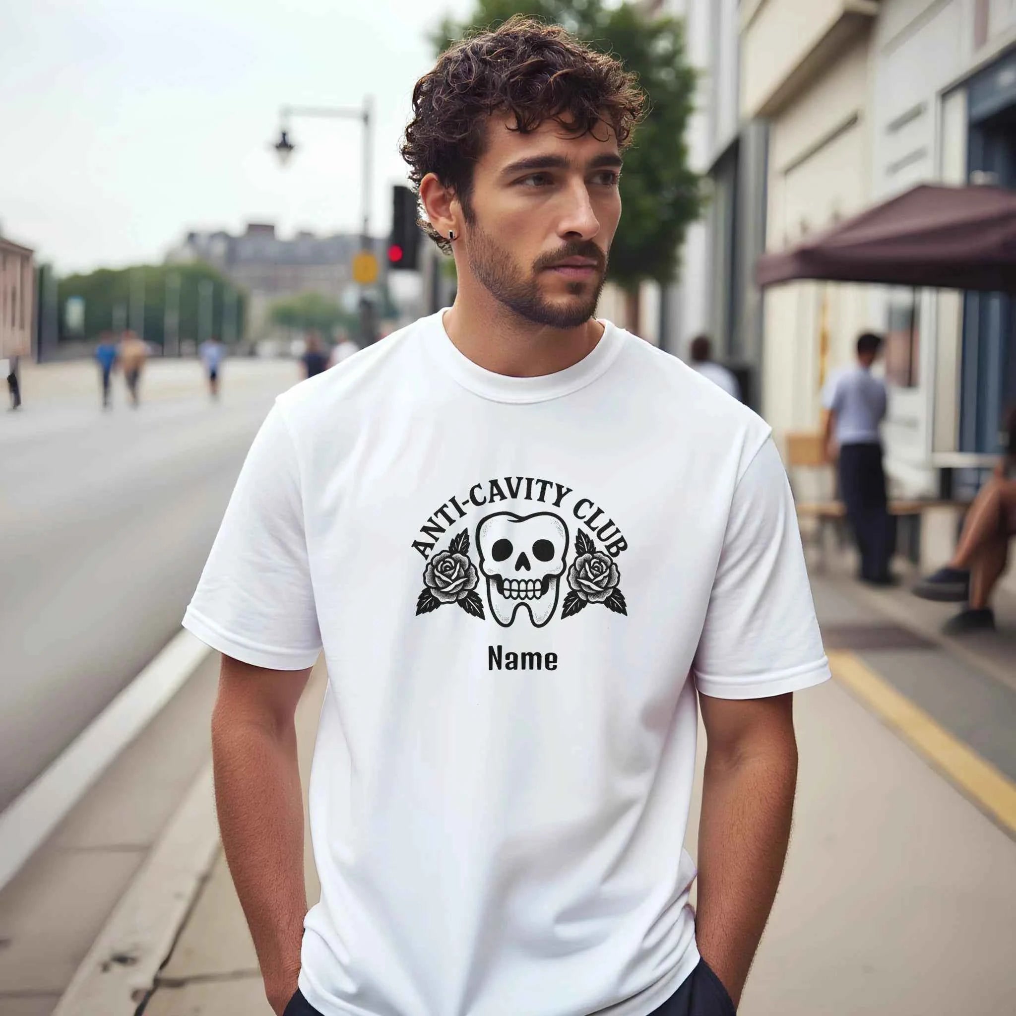 Anti-Cavity Club Skull & Roses Tee – Edgy Dental Humor Shirt for Dentists & Hygienists in 10 Colors
