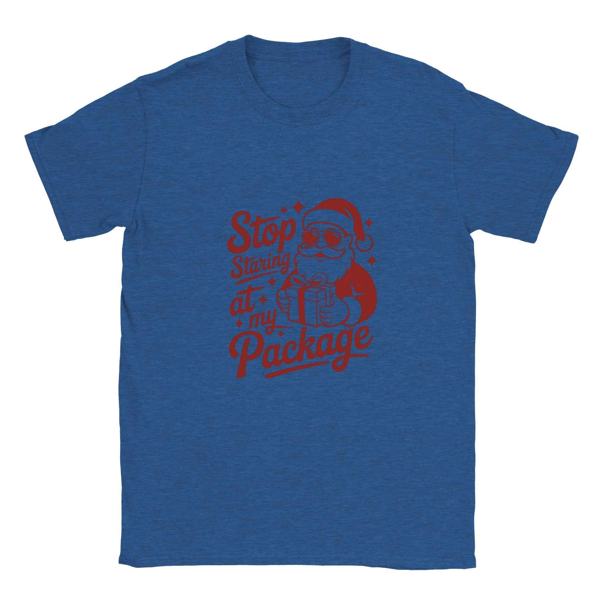 Stop Staring at My Package Santa Tee – Funny Christmas Holiday Graphic T-Shirt