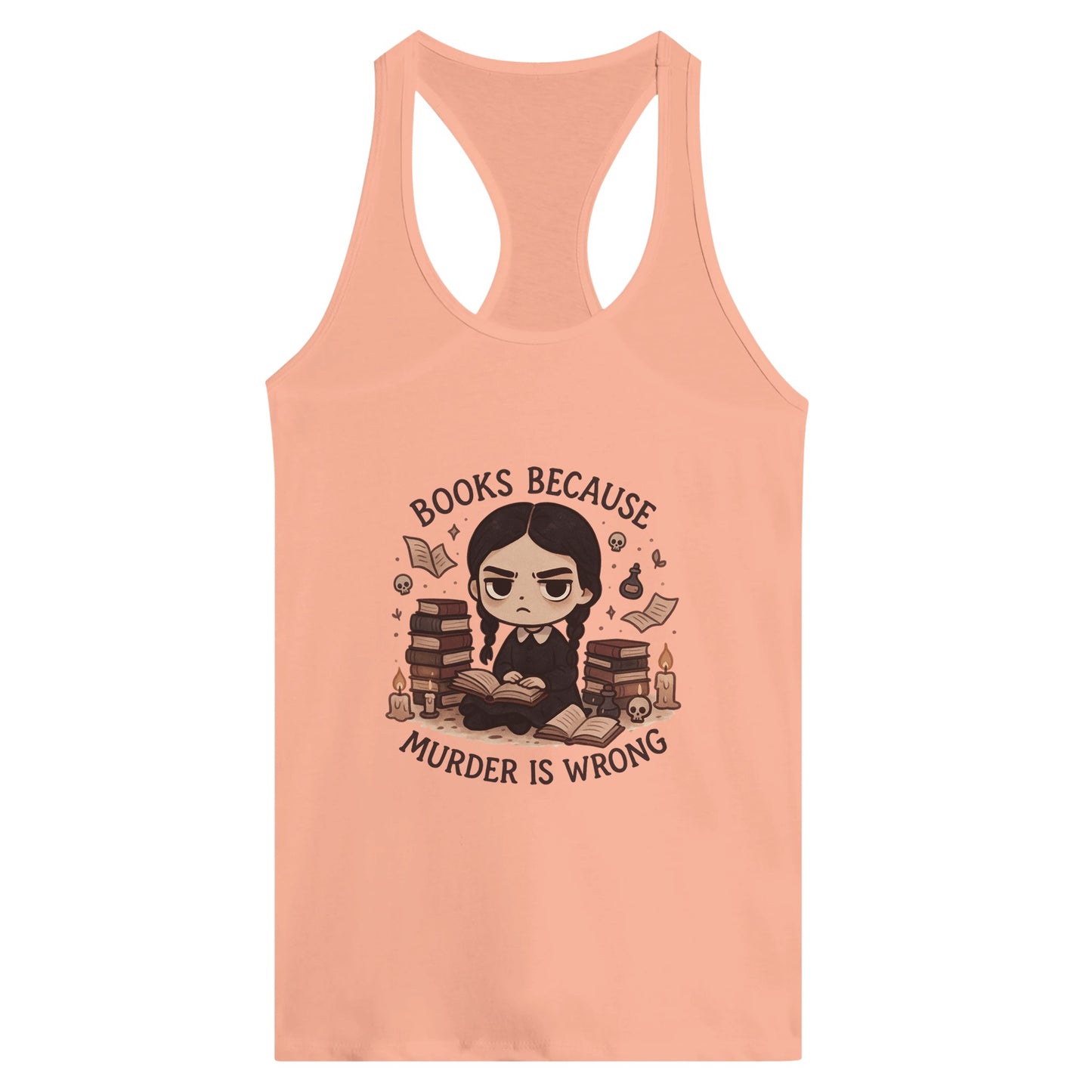 Bookish Goth Women’s Racerback Tank – “Books Because Murder Is Wrong” Dark Reader Tee - F4 Custom Prints