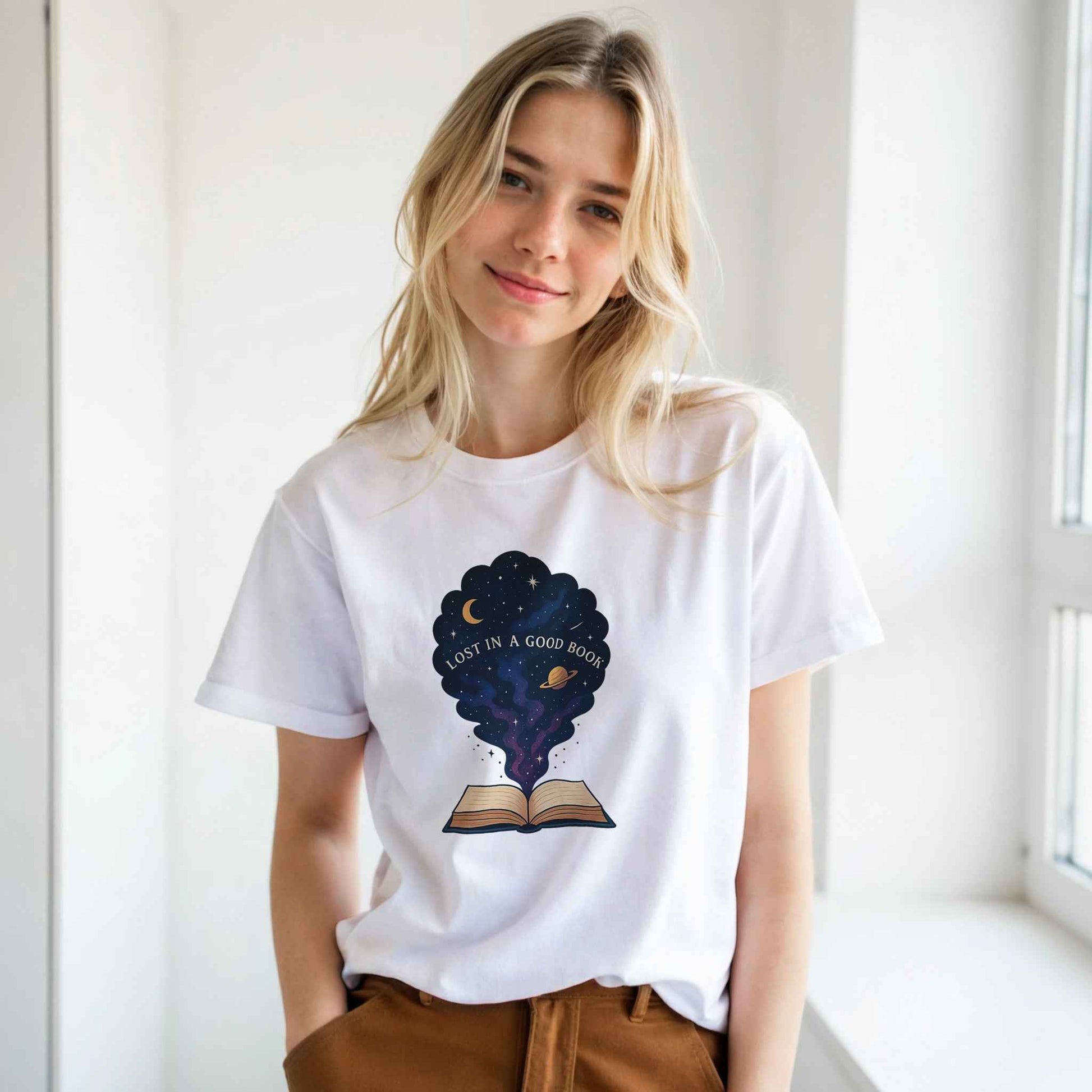 "Lost in a Good Book" Bookish T-Shirt – Celestial Reader Design in Your Choice of Seven Hues
