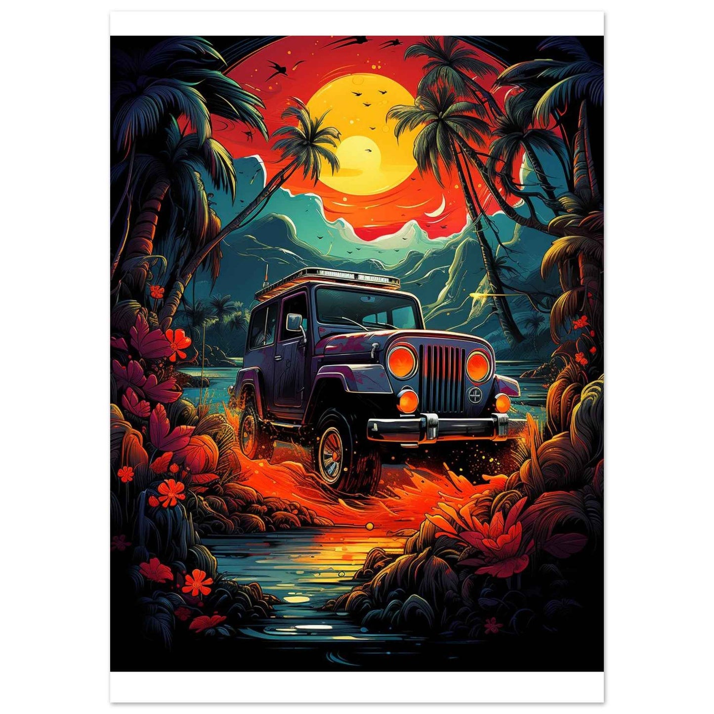 Jeep Adventure Sunset Poster – Tropical Off-Roading Wall Art (Multiple Sizes Available)