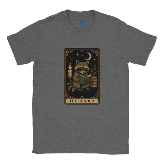 "The Reader" Bookish T-Shirt – Cozy Raccoon Tarot Card Design in Your Choice of Nine Hues