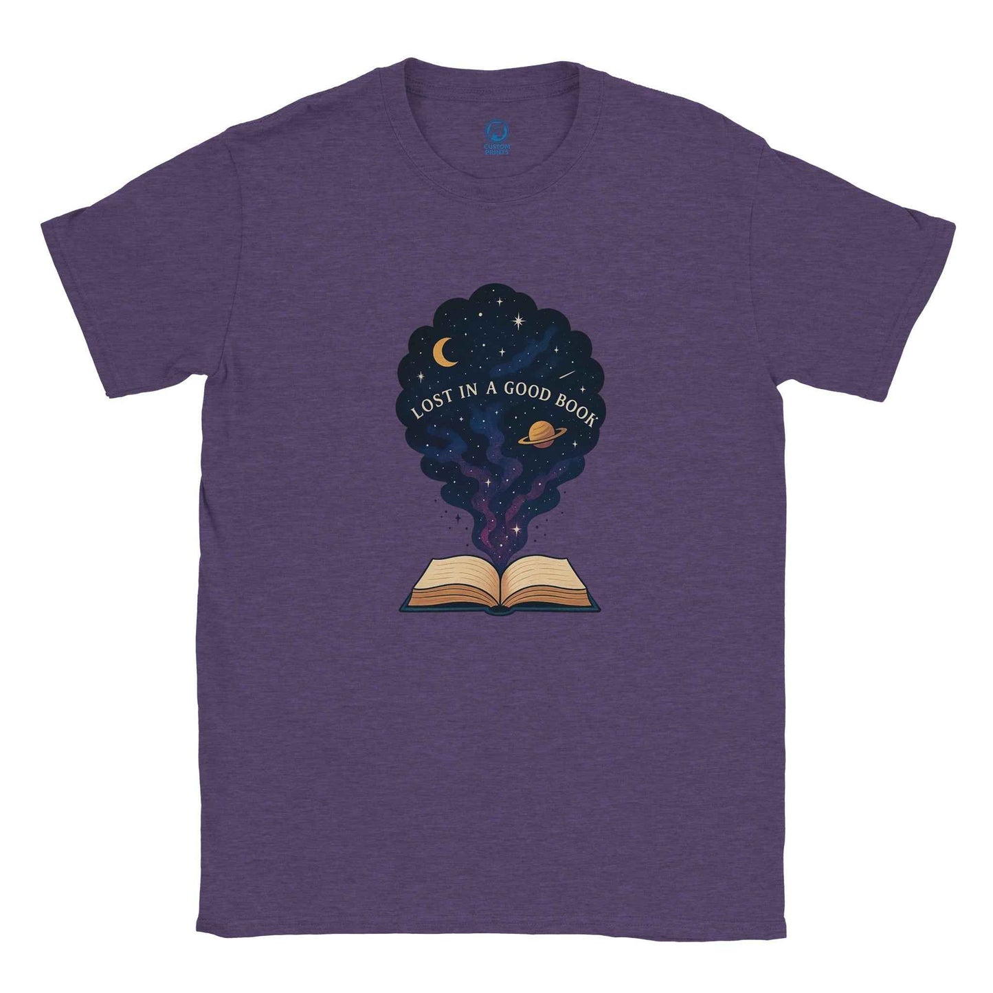 "Lost in a Good Book" Bookish T-Shirt – Celestial Reader Design in Your Choice of Seven Hues