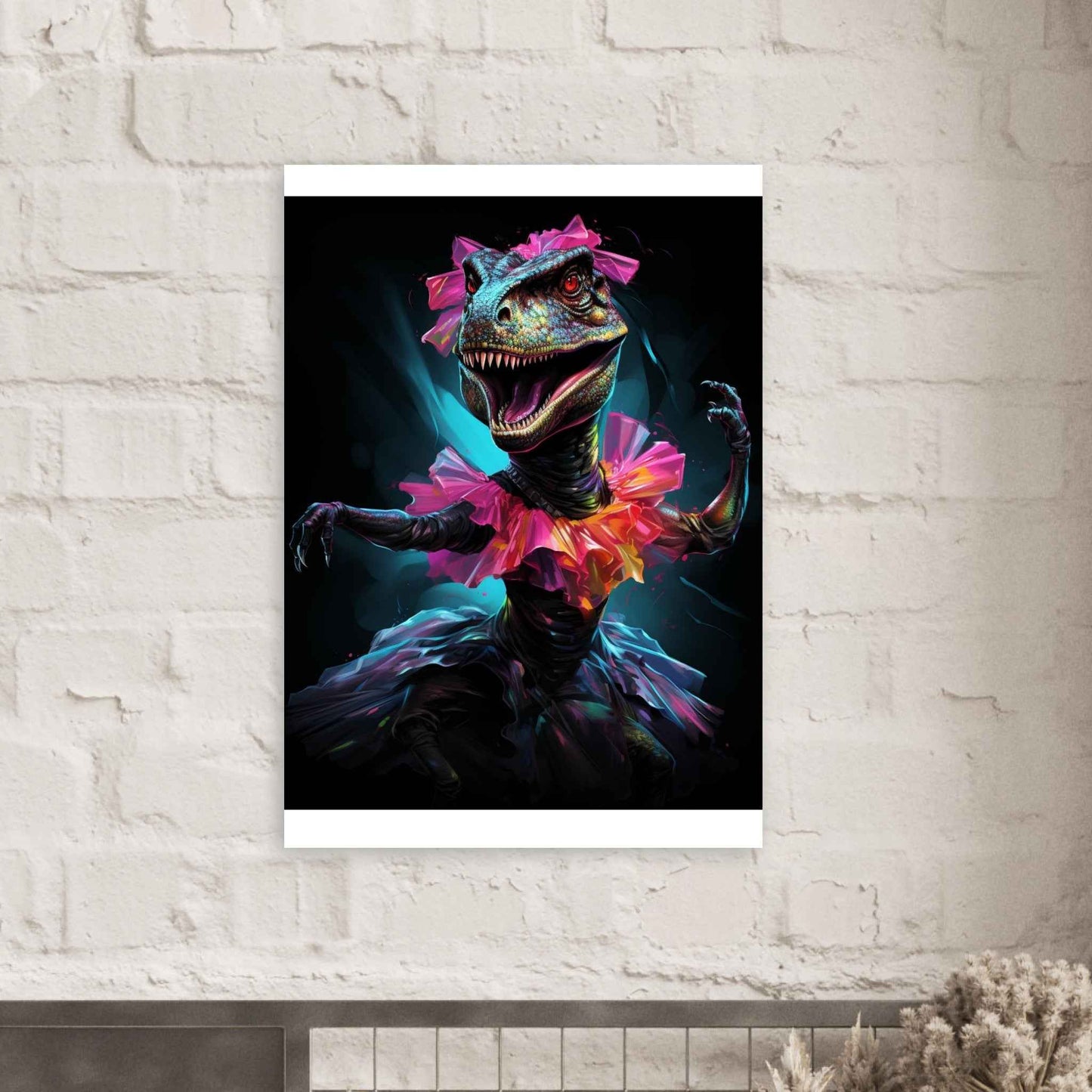 "Prima Dino-Ballerina" Poster – Whimsical Neon Dinosaur Wall Art (Multiple Sizes Available)