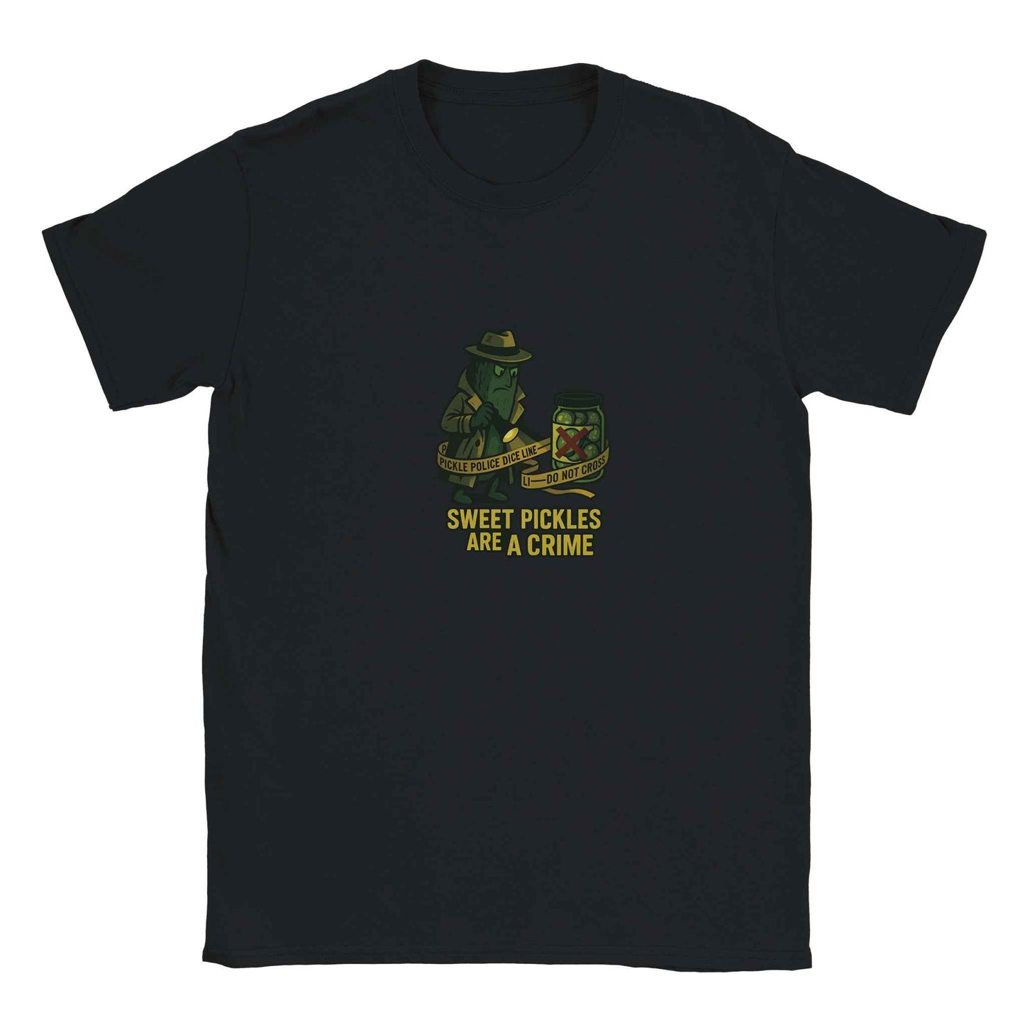 ‘Sweet Pickles Are A Crime’ Pickle T-Shirt – Detective-Style Brine Sleuth Graphic