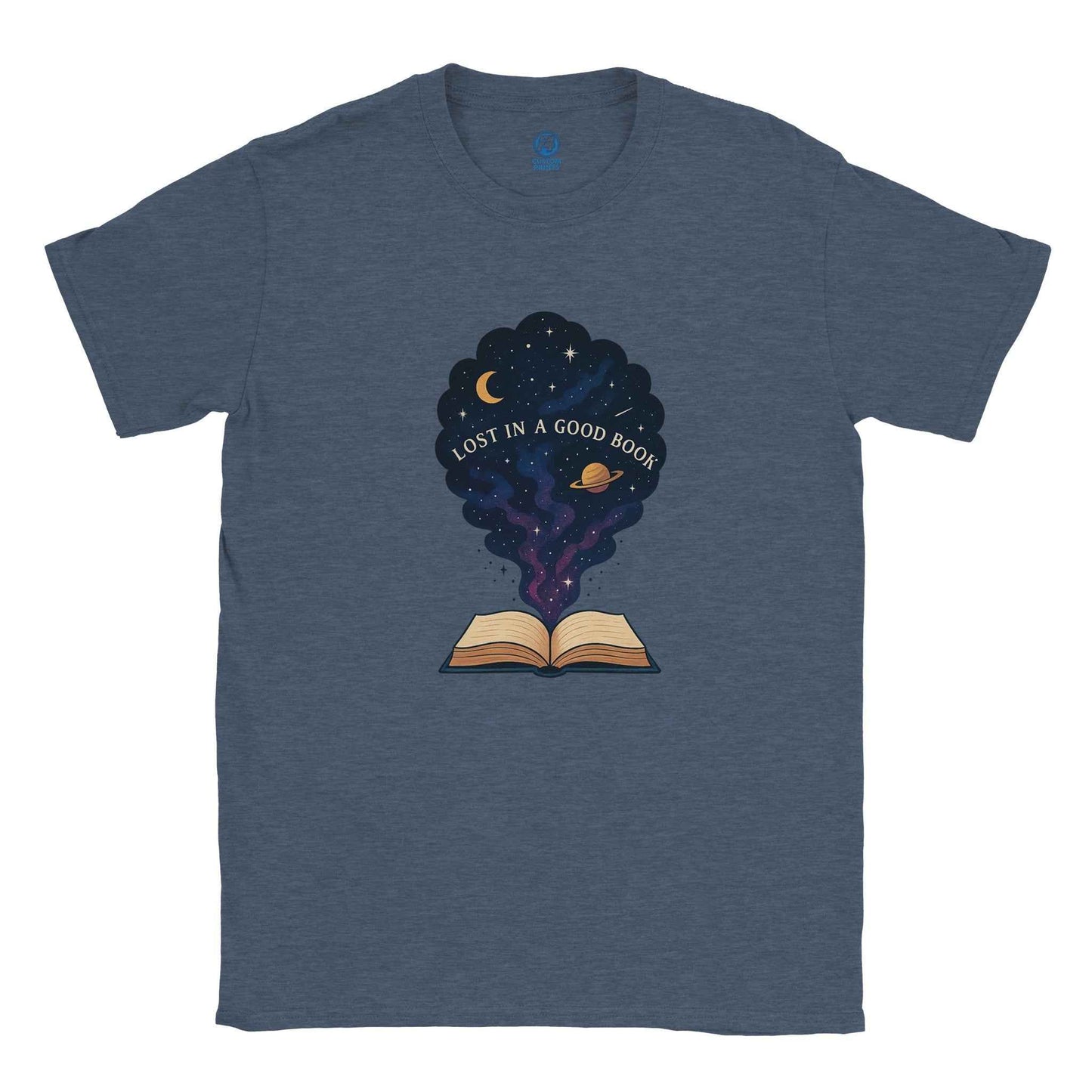 "Lost in a Good Book" Bookish T-Shirt – Celestial Reader Design in Your Choice of Seven Hues