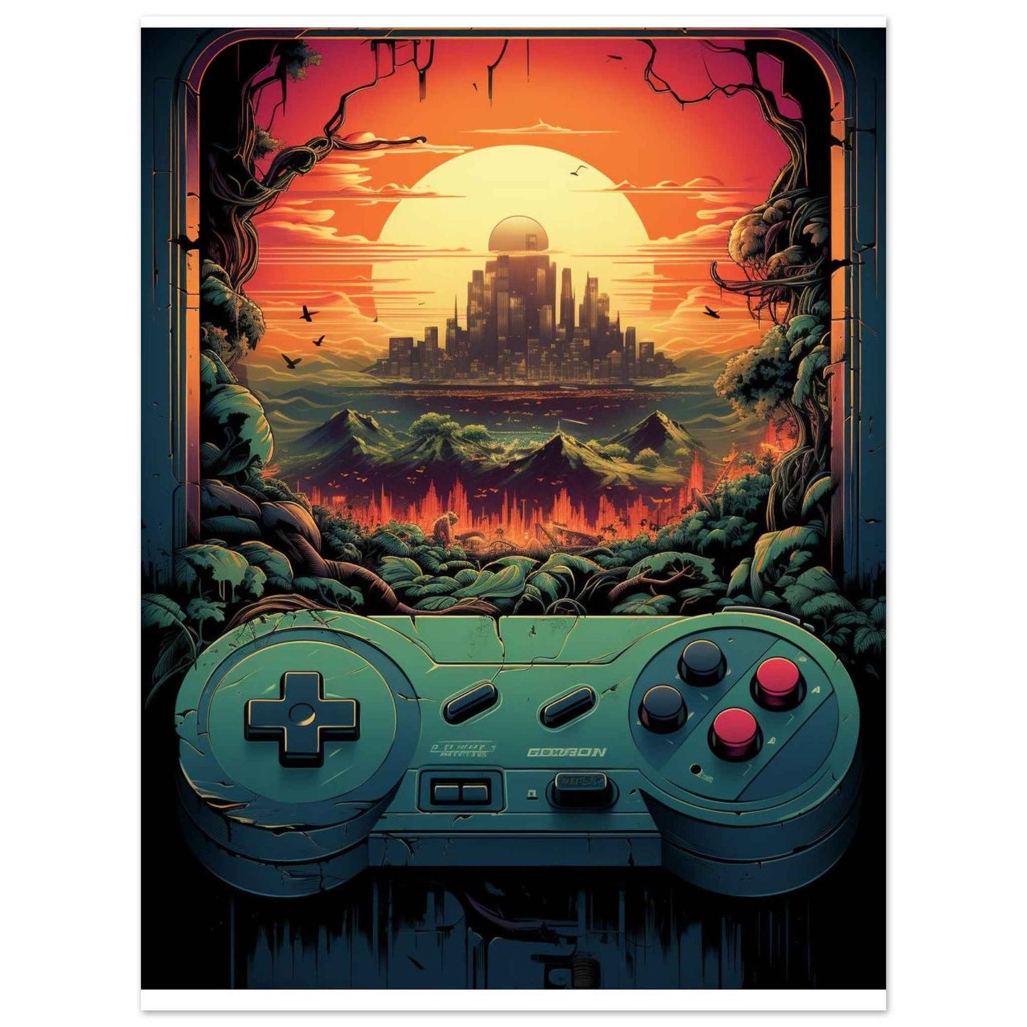 "Gamer's Sunset" Poster – Retro-Futuristic Gaming Wall Art (Multiple Sizes Available)