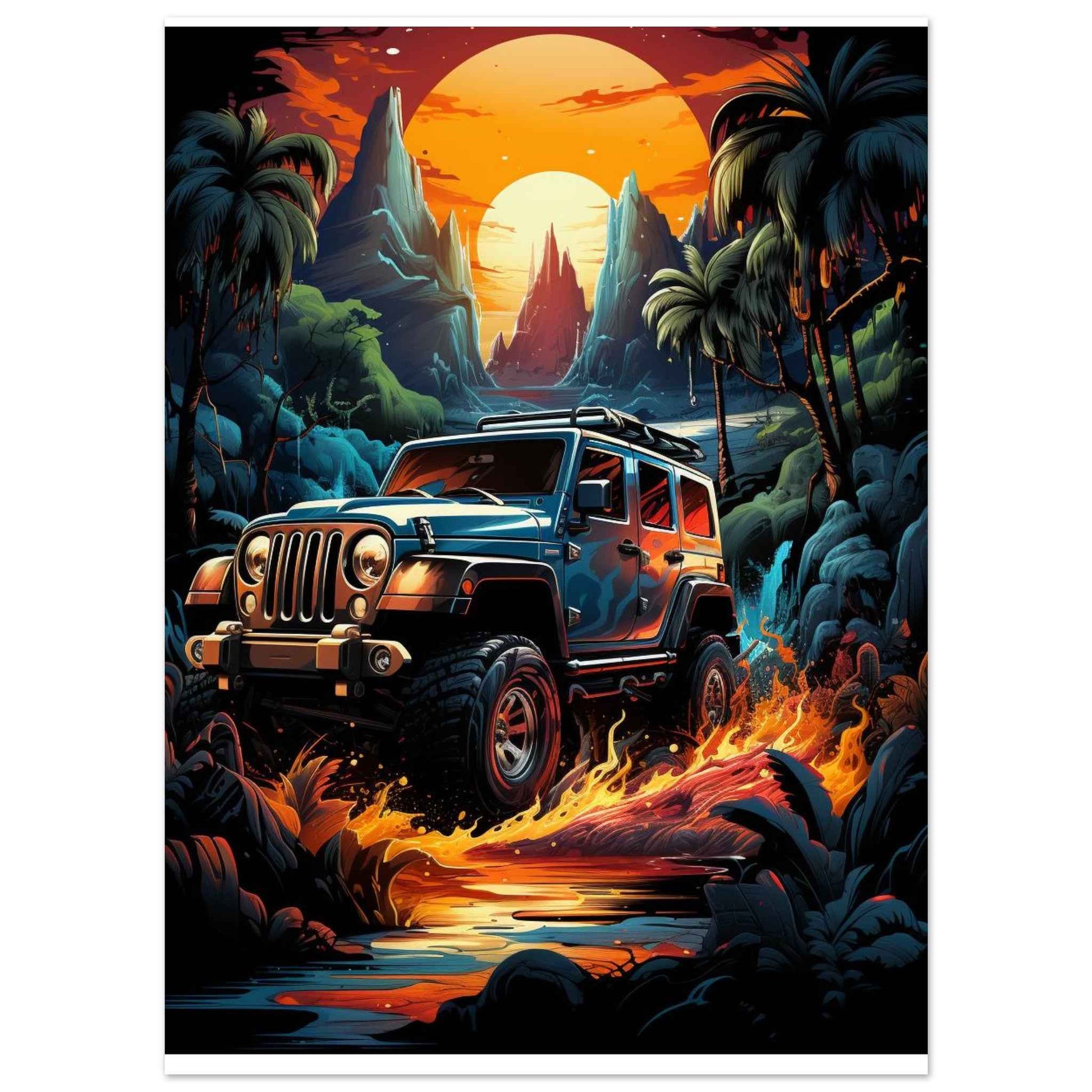 “Tropical Off-Road Sunset” Poster – Vibrant Adventure Wall Art (Multiple Sizes Available)