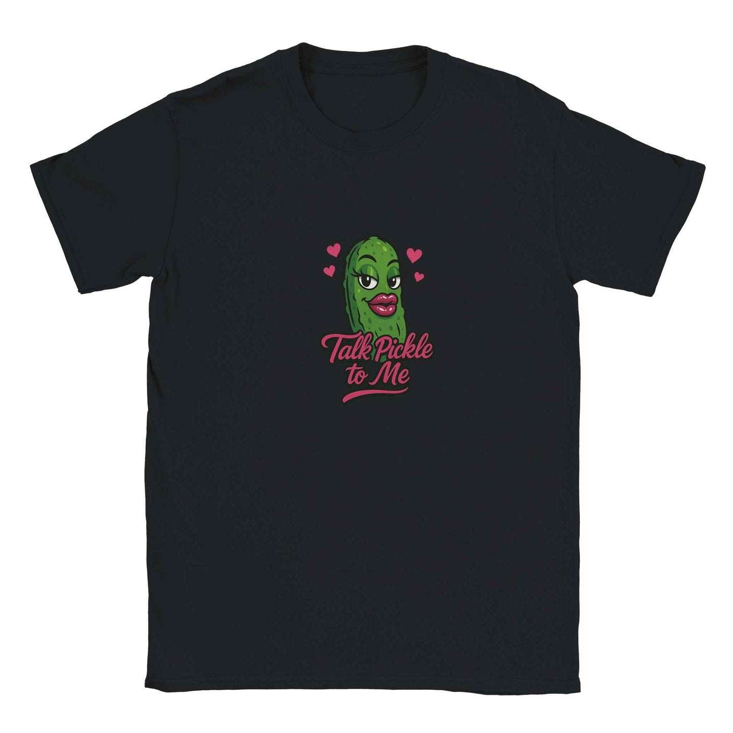 "Talk Pickle to Me" Flirty Pickle T-Shirt – Playful Pink Lips & Hearts Design