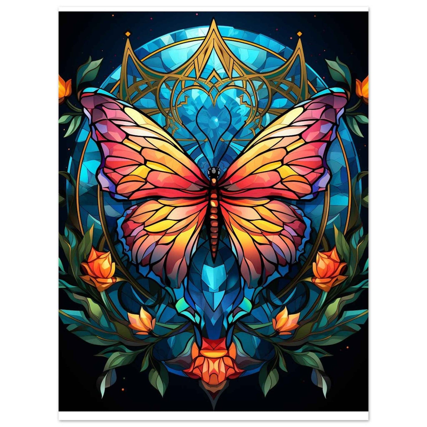 “Stained Glass Butterfly” Poster – Vibrant Neo-Traditional Wall Art (Multiple Sizes Available)