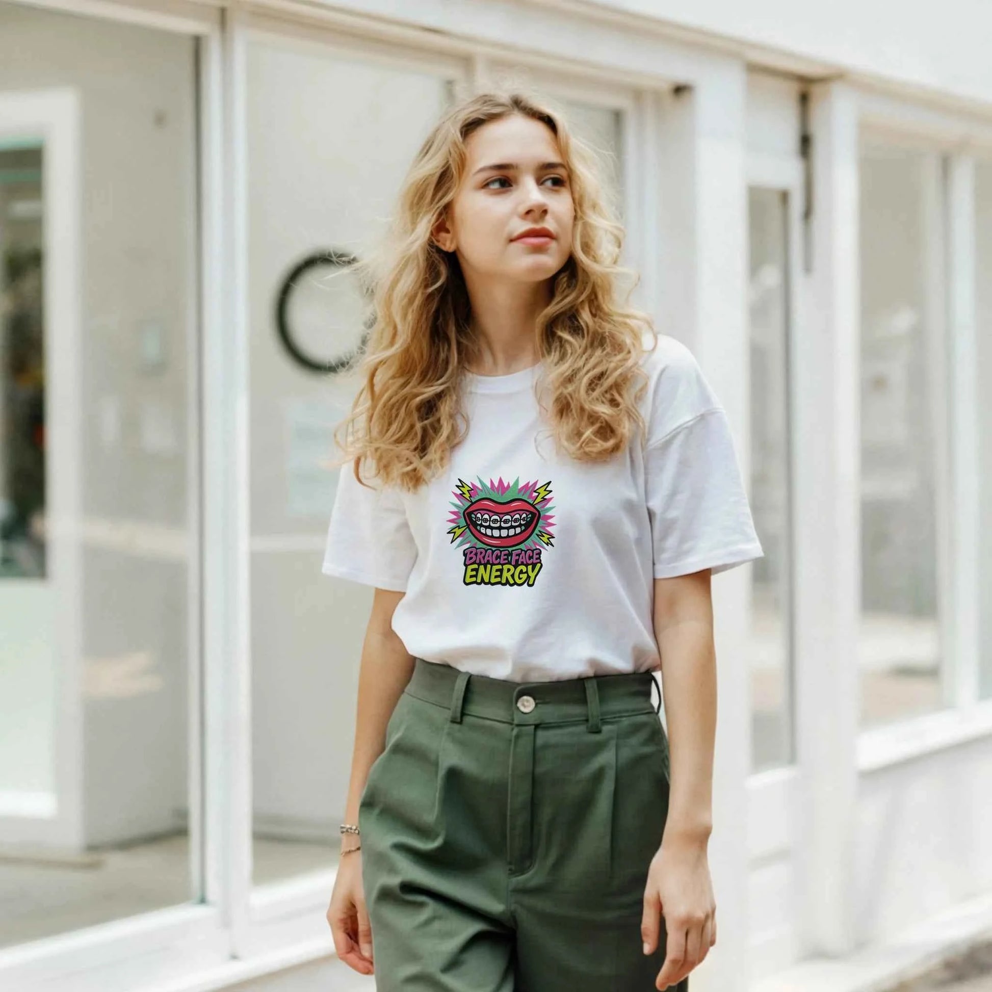 Brace Face Energy T-Shirt – Retro Neon Orthodontist & Dental Humor Tee in Your Choice of Colors