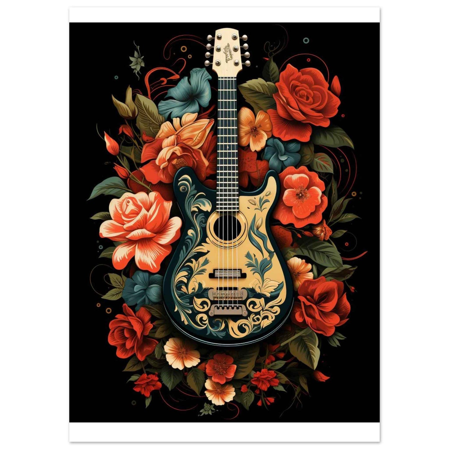 Floral Guitar Serenade Poster – Bohemian Botanical Wall Art (Multiple Sizes Available)