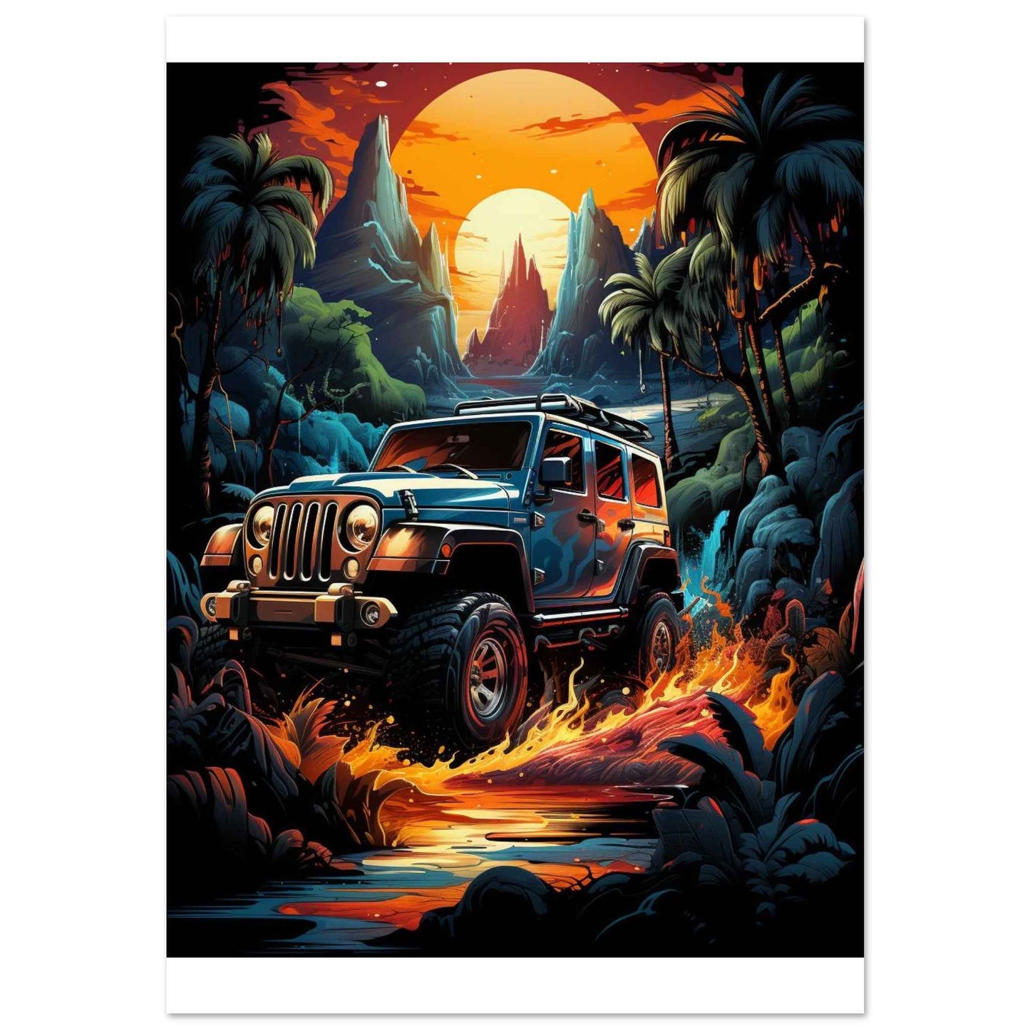 “Tropical Off-Road Sunset” Poster – Vibrant Adventure Wall Art (Multiple Sizes Available)
