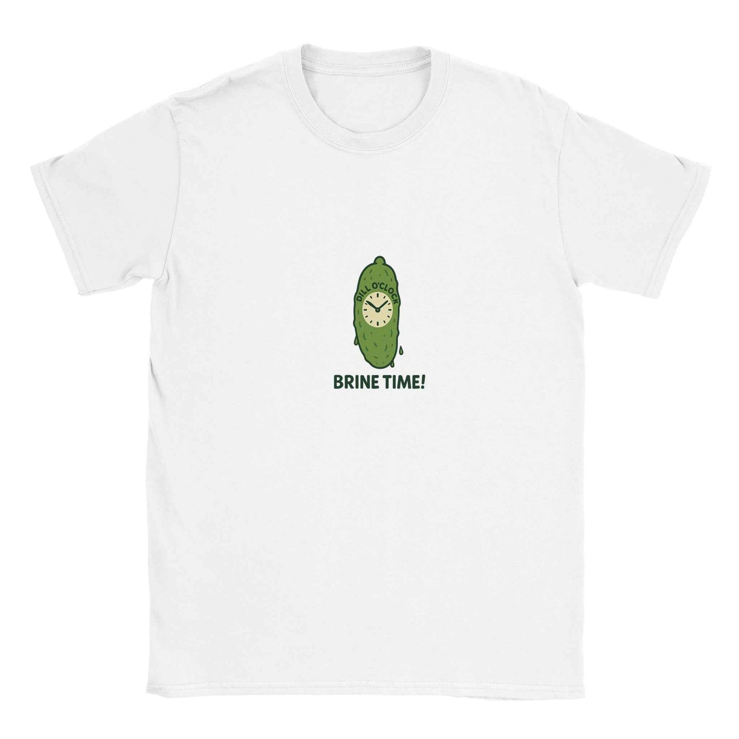 "Dill O'Clock Brine Time" Pickle T-Shirt – Playful Cartoon Pickle Design for Foodies