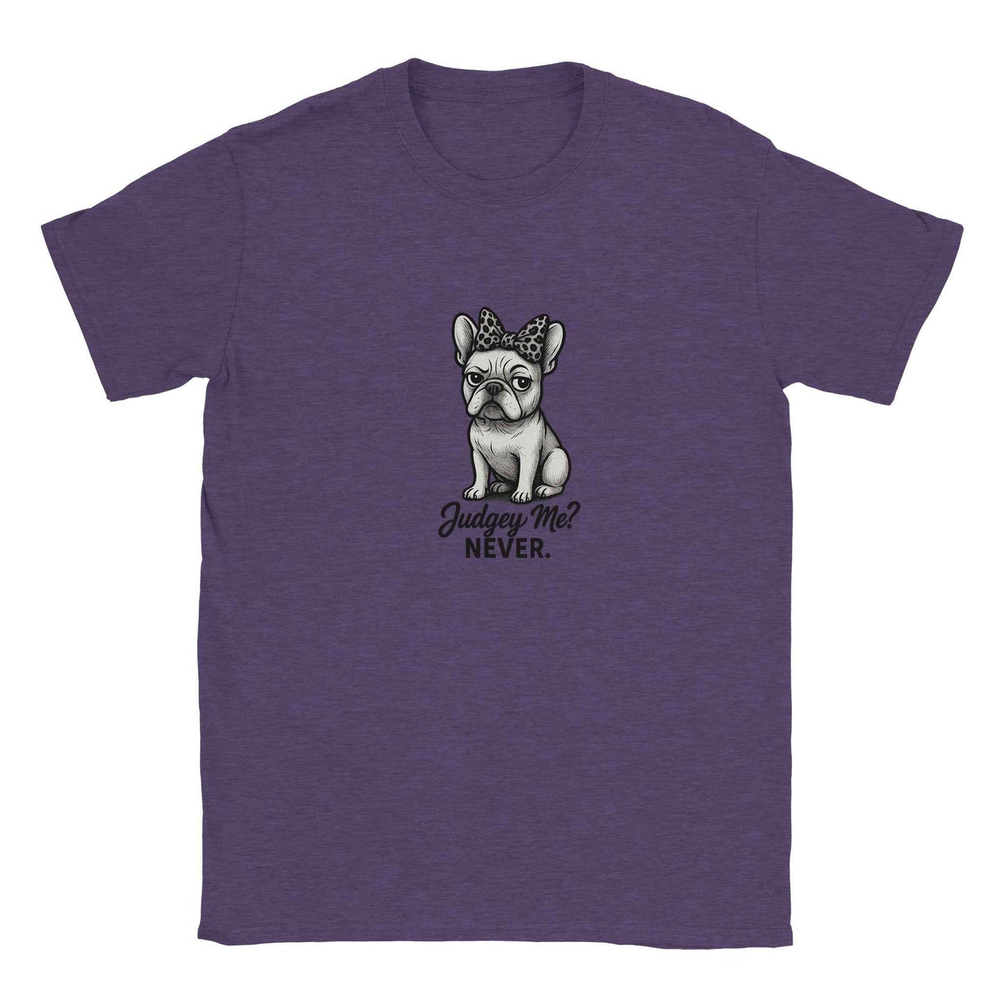 "Judgey Me? Never." Frenchie T-Shirt – Sassy Leopard Bow French Bulldog Design in Your Choice of Nine Hues