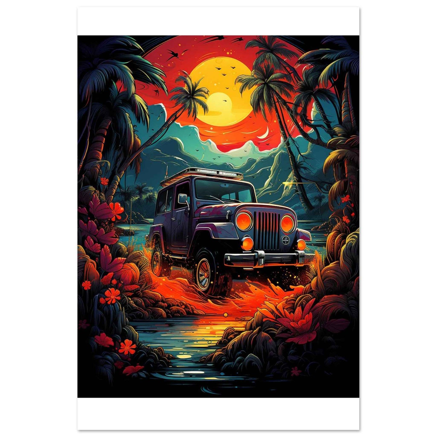 Jeep Adventure Sunset Poster – Tropical Off-Roading Wall Art (Multiple Sizes Available)