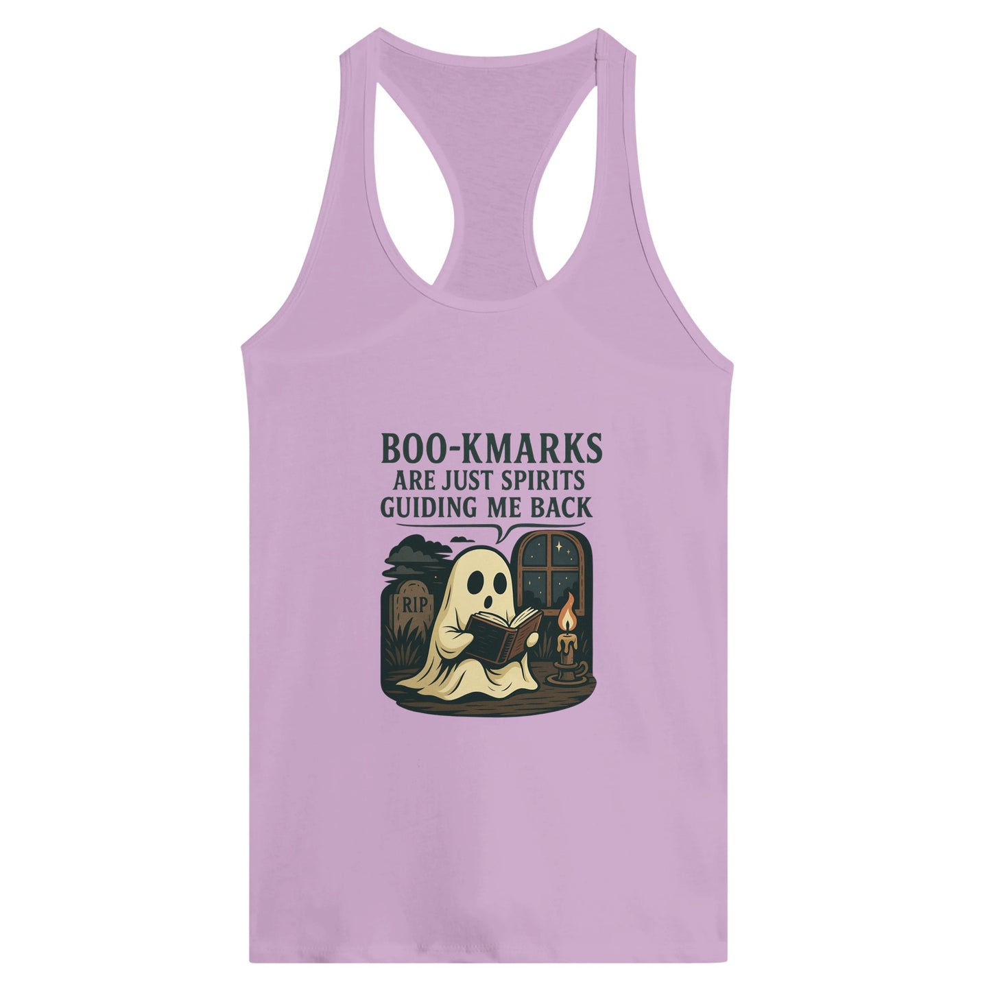 Boo-Kmarks Women’s Racerback Tank – Ghost Book Lover Tee with Spooky Vibes - F4 Custom Prints